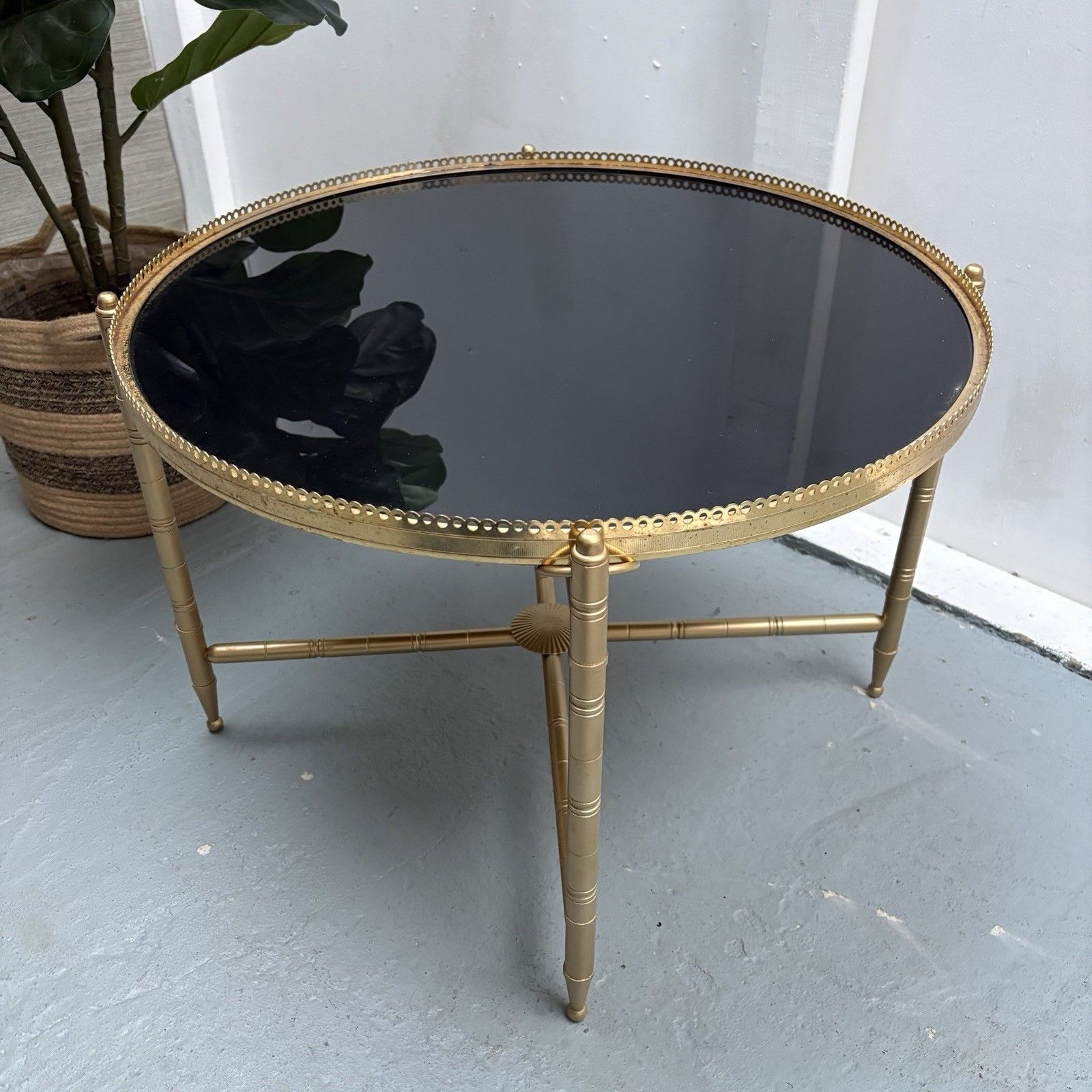 French Neoclassical Maison Jensen Gilded Brass Galleried Black Glass Side Table