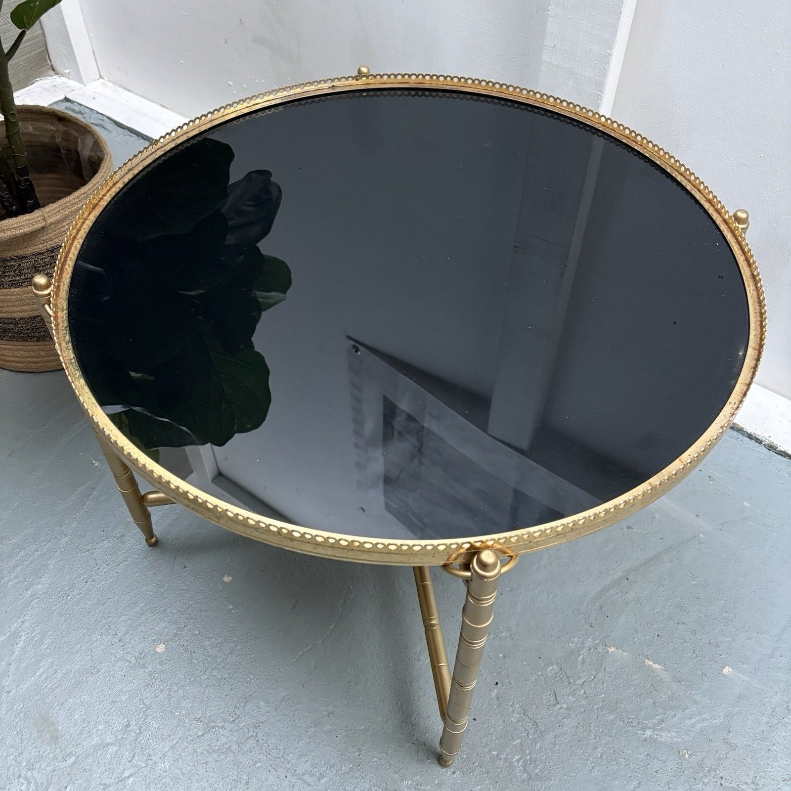French Neoclassical Maison Jensen Gilded Brass Galleried Black Glass Side Table photo for sale