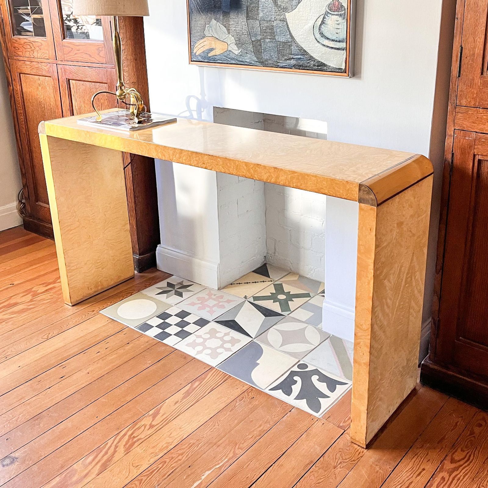 Italian Art Deco Style Burl Wood Console Table