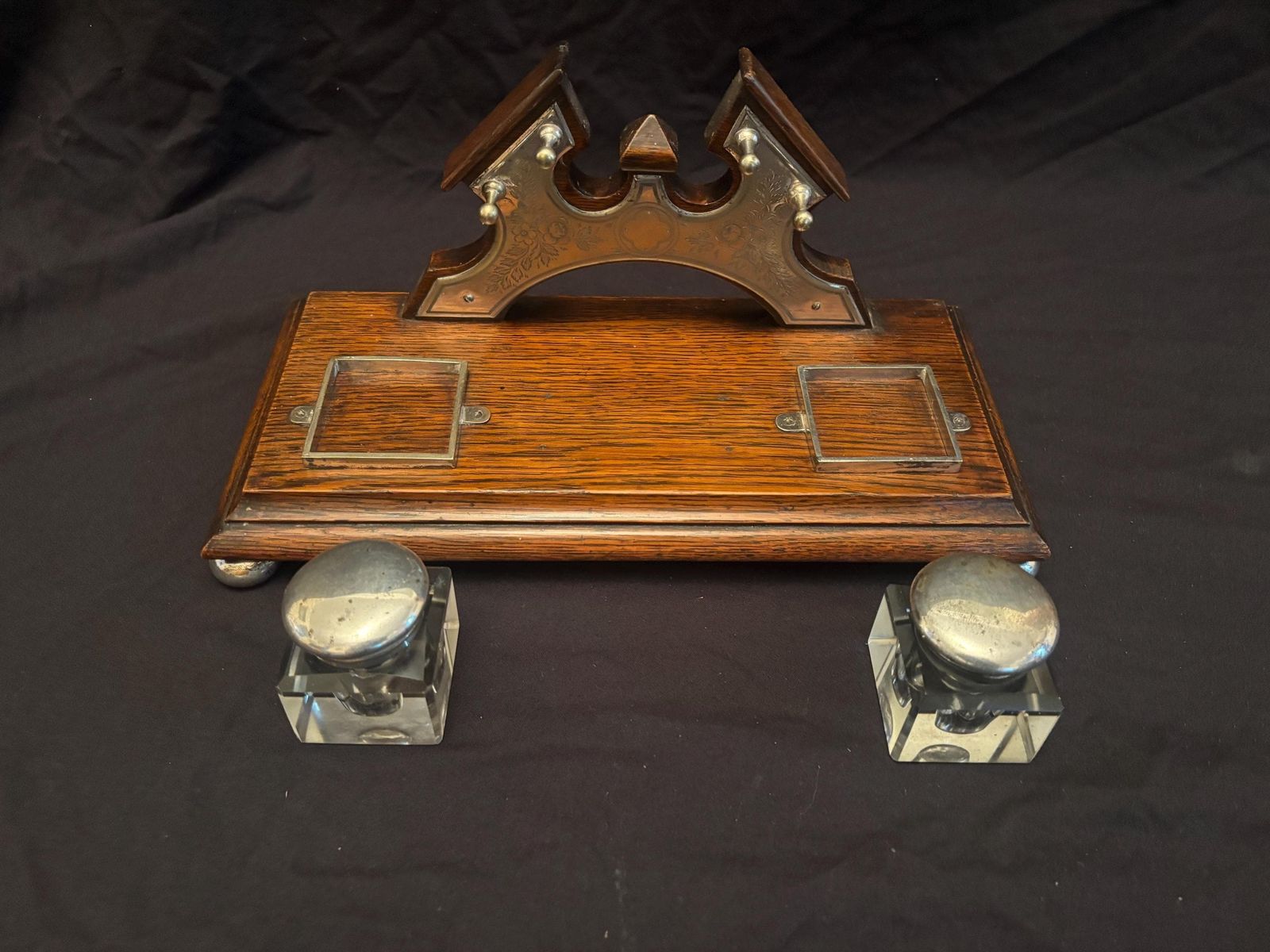 Antique Victorian Oak And Silver Plate Mounted Desk Stand Inkstand Inkwells photo Home Decor