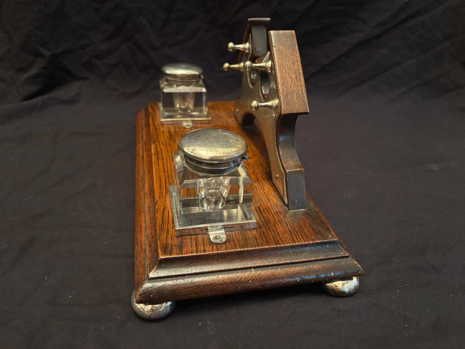 Antique Victorian Oak And Silver Plate Mounted Desk Stand Inkstand Inkwells photo 180.0