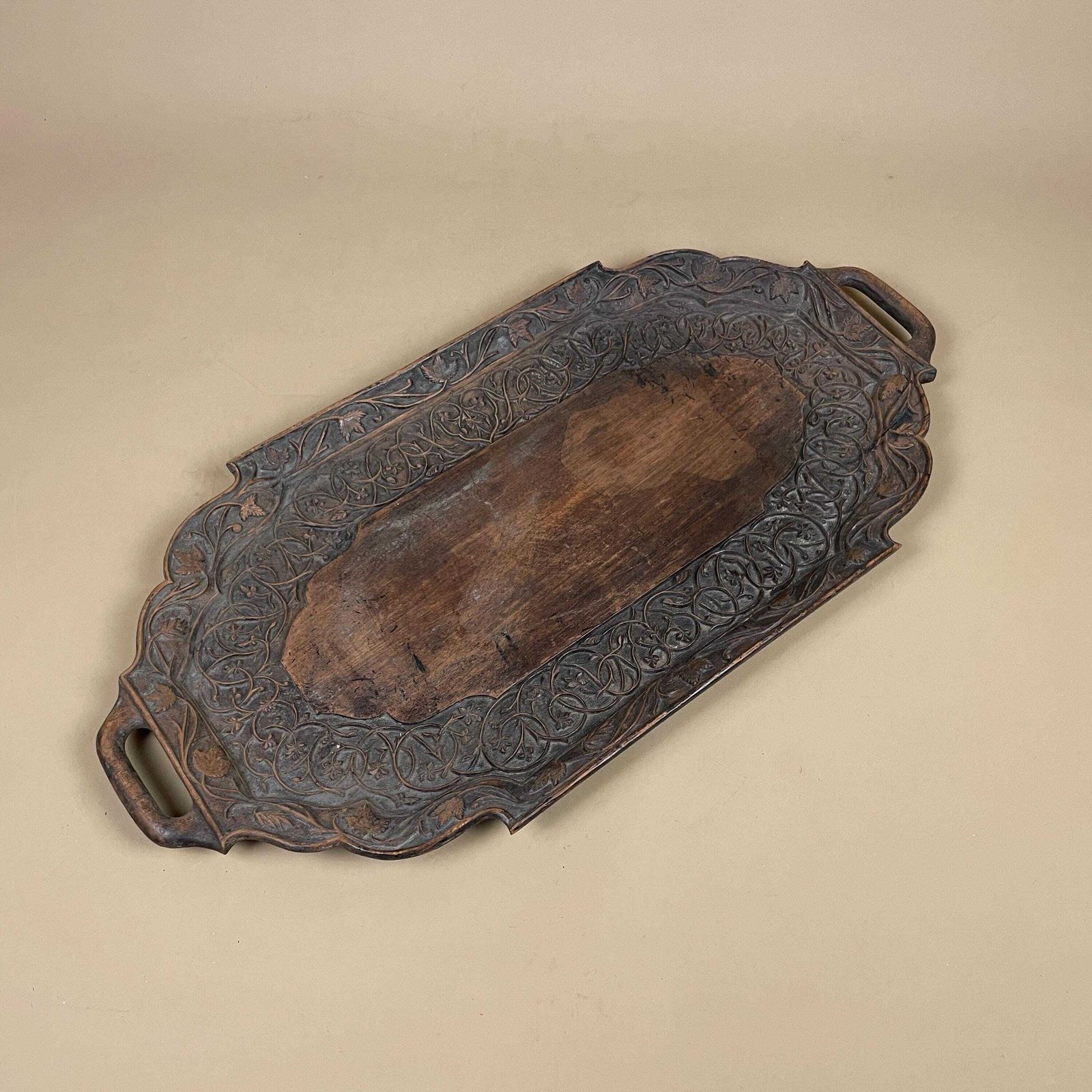 Antique Hand Carved Wooden Tray Floral Leaves Patterned Detail Ornate Oval Wood Original Pattern C.Early 1900's Handles Display Drinks photo for sale