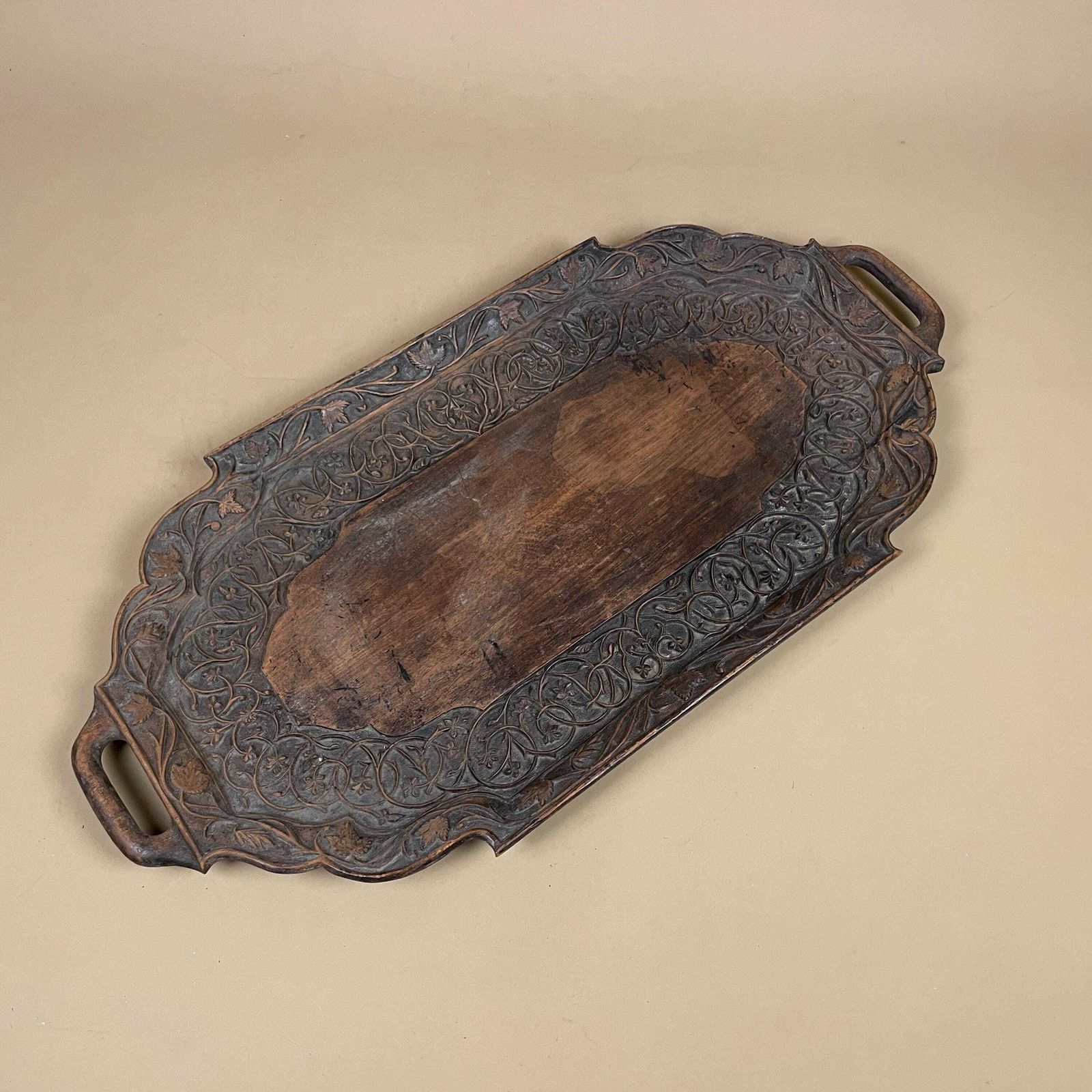 Antique Hand Carved Wooden Tray Floral Leaves Patterned Detail Ornate Oval Wood Original Pattern C.Early 1900's Handles Display Drinks photo Home Decor
