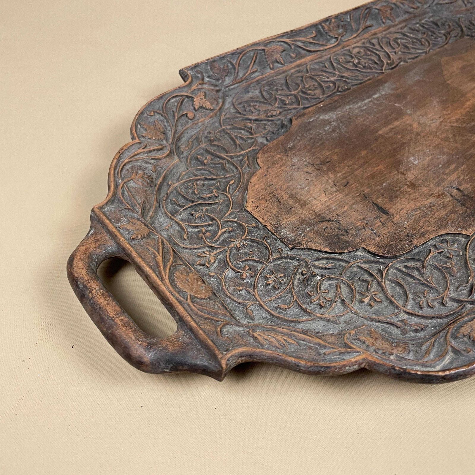 Antique Hand Carved Wooden Tray Floral Leaves Patterned Detail Ornate Oval Wood Original Pattern C.Early 1900's Handles Display Drinks photo 99.0