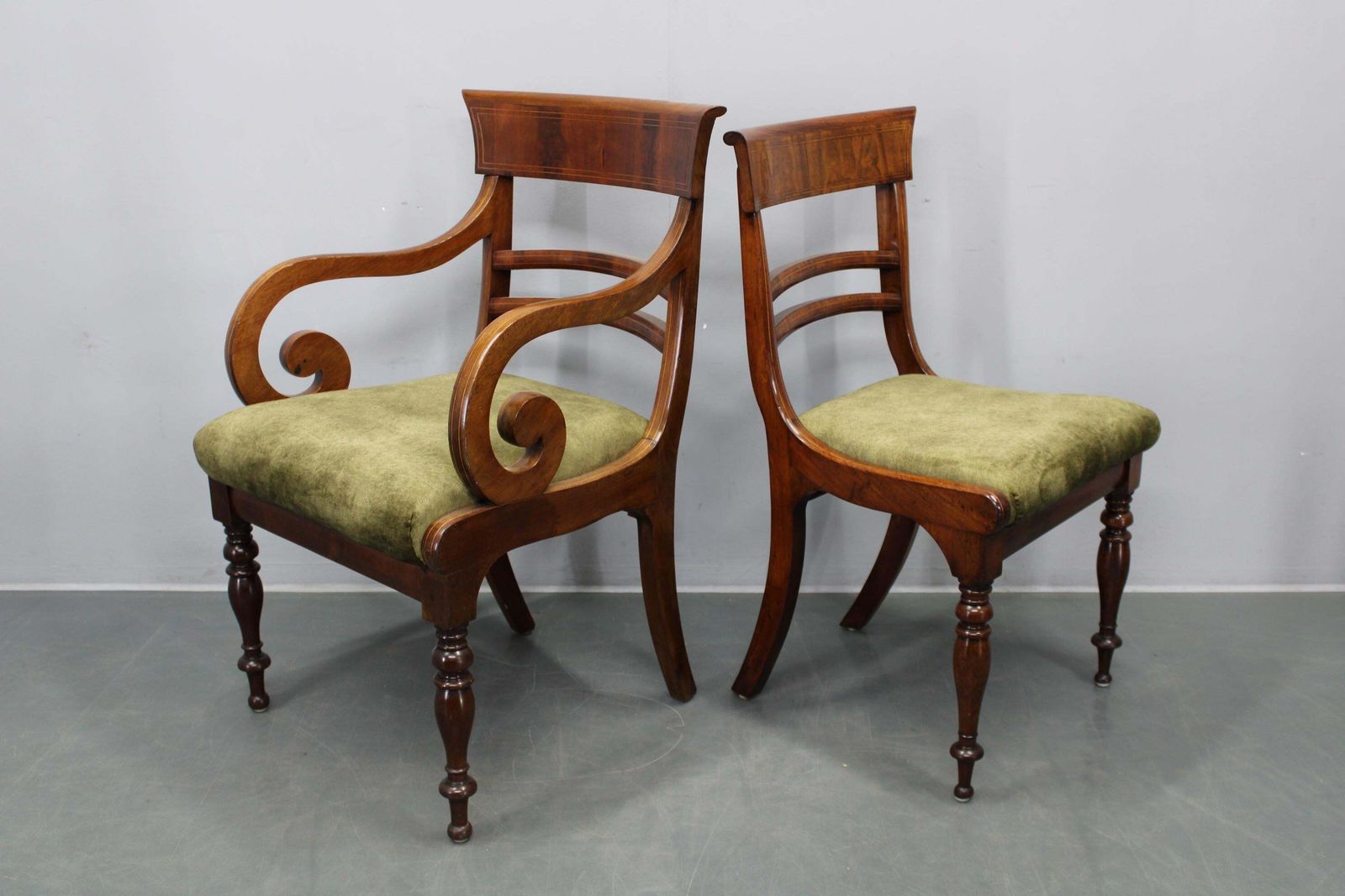 French Art Deco Walnut Dining Chair Set With Armchairs, France 1930s photo vinterior