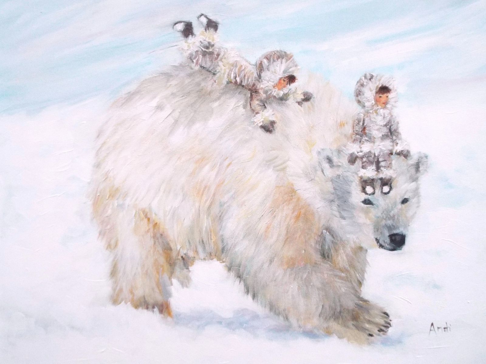 New Framed Original Painting Fantasy Art Polar Bear And Children Signed Andi J Lucas photo furniture