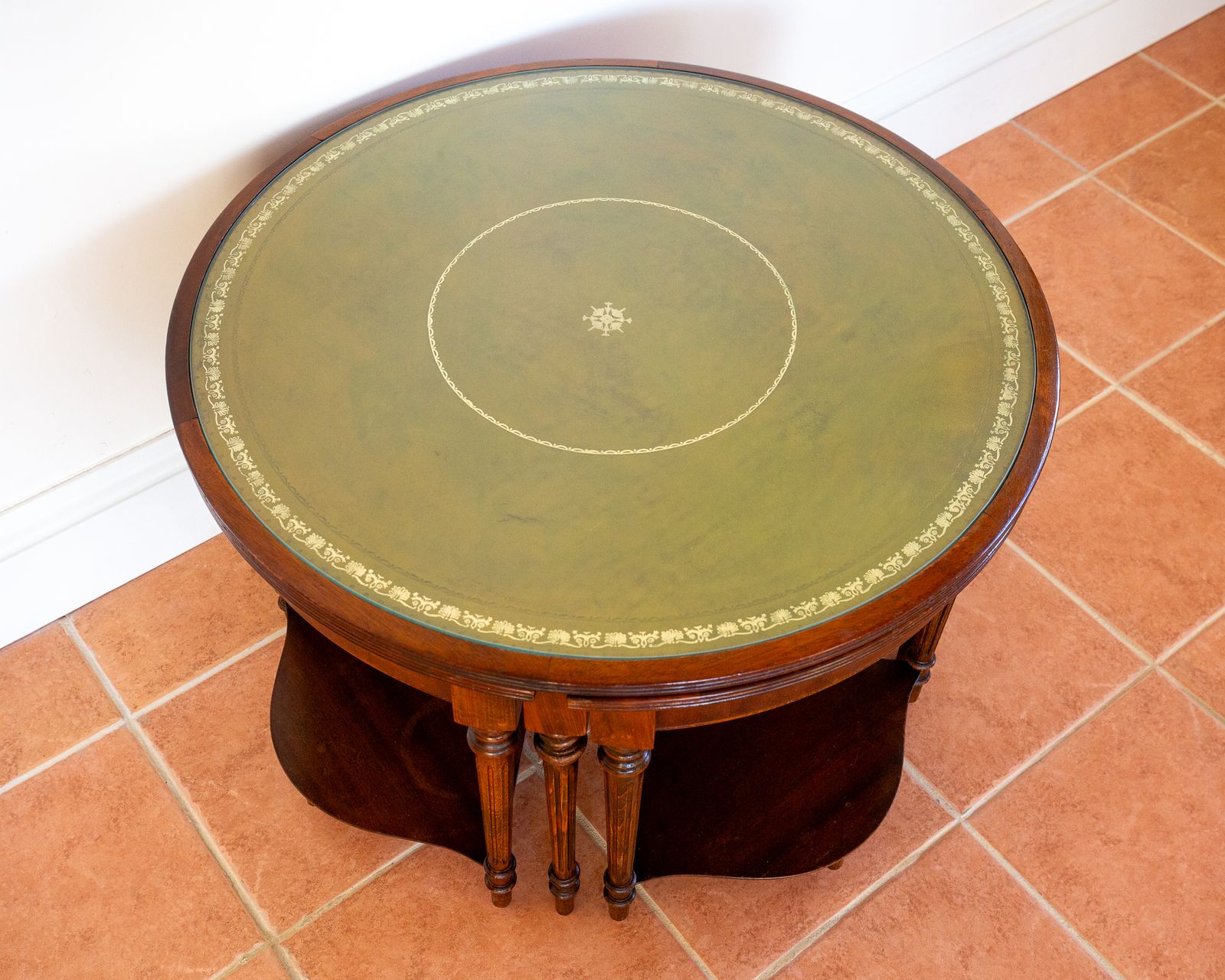 Campaign Style Leather Top Mahogany Nesting Centre Coffee Tables Glass Embossed Stencilled Leather Occasional Cocktail Tables Nest Of Tables Segmented photo vintage