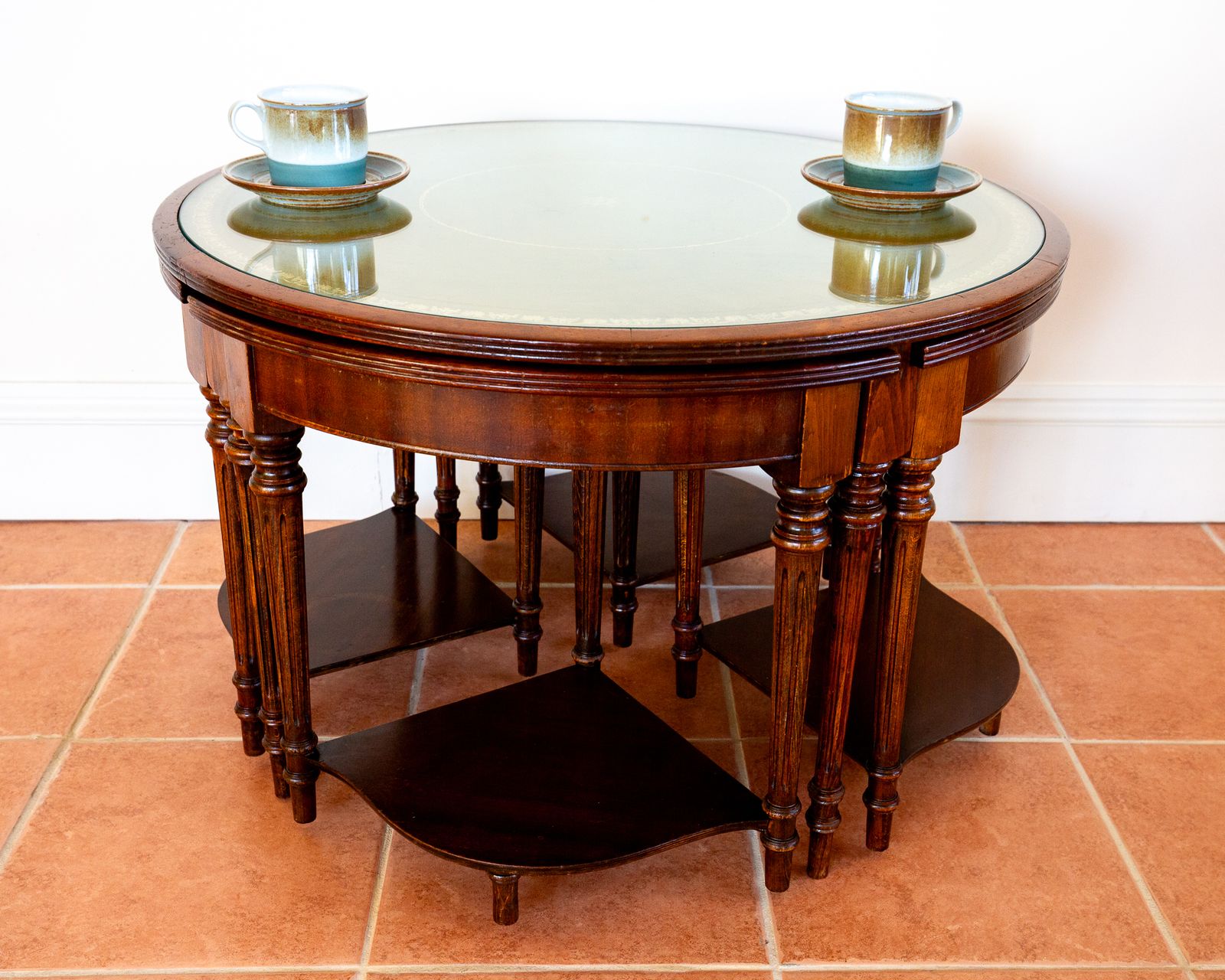 Furniture Campaign Style Leather Top Mahogany Nesting Centre Coffee Tables Glass Embossed Stencilled Leather Occasional Cocktail Tables Nest Of Tables Segmented photo