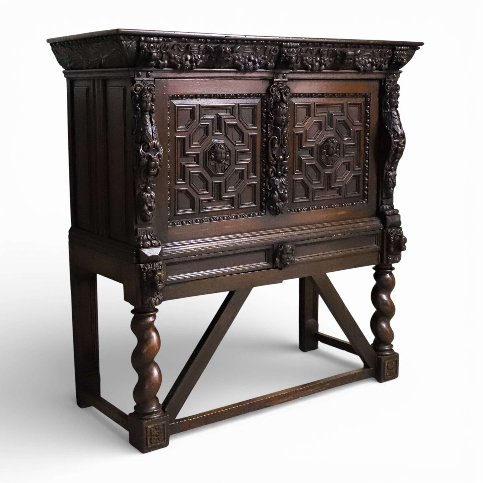 19th Century Flemish Carved Oak Cabinet On Stand With Lion Masks C.1850 1880