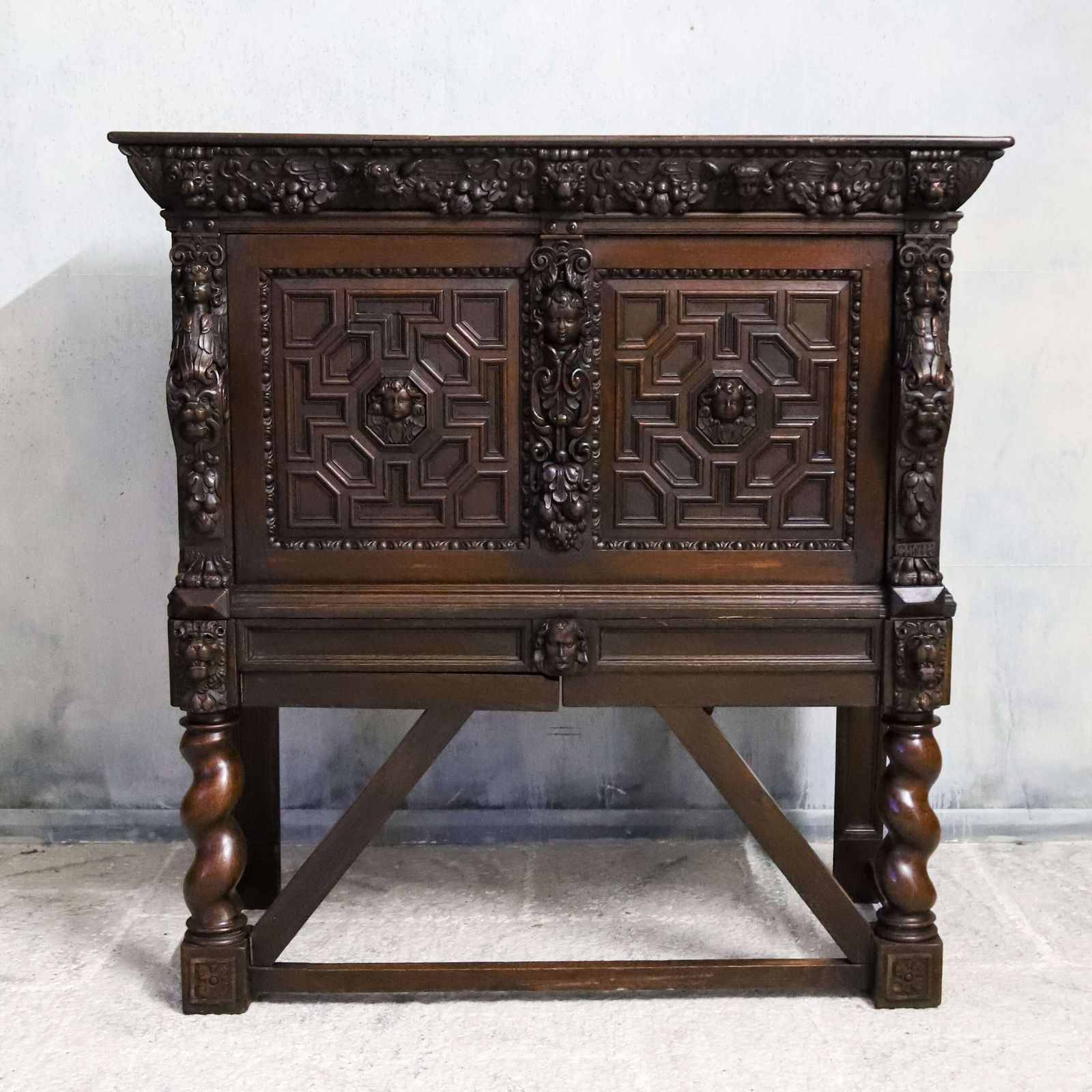 19th Century Flemish Carved Oak Cabinet On Stand With Lion Masks C.1850 1880 photo furniture