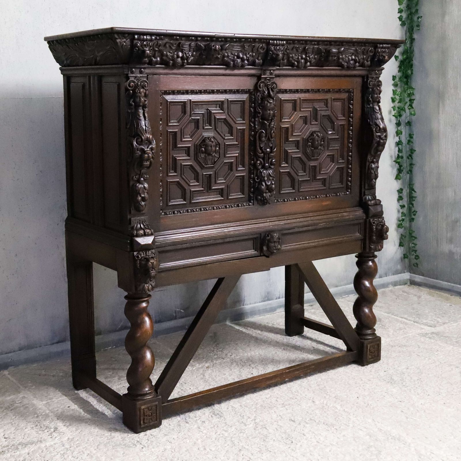19th Century Flemish Carved Oak Cabinet On Stand With Lion Masks C.1850 1880 photo for sale