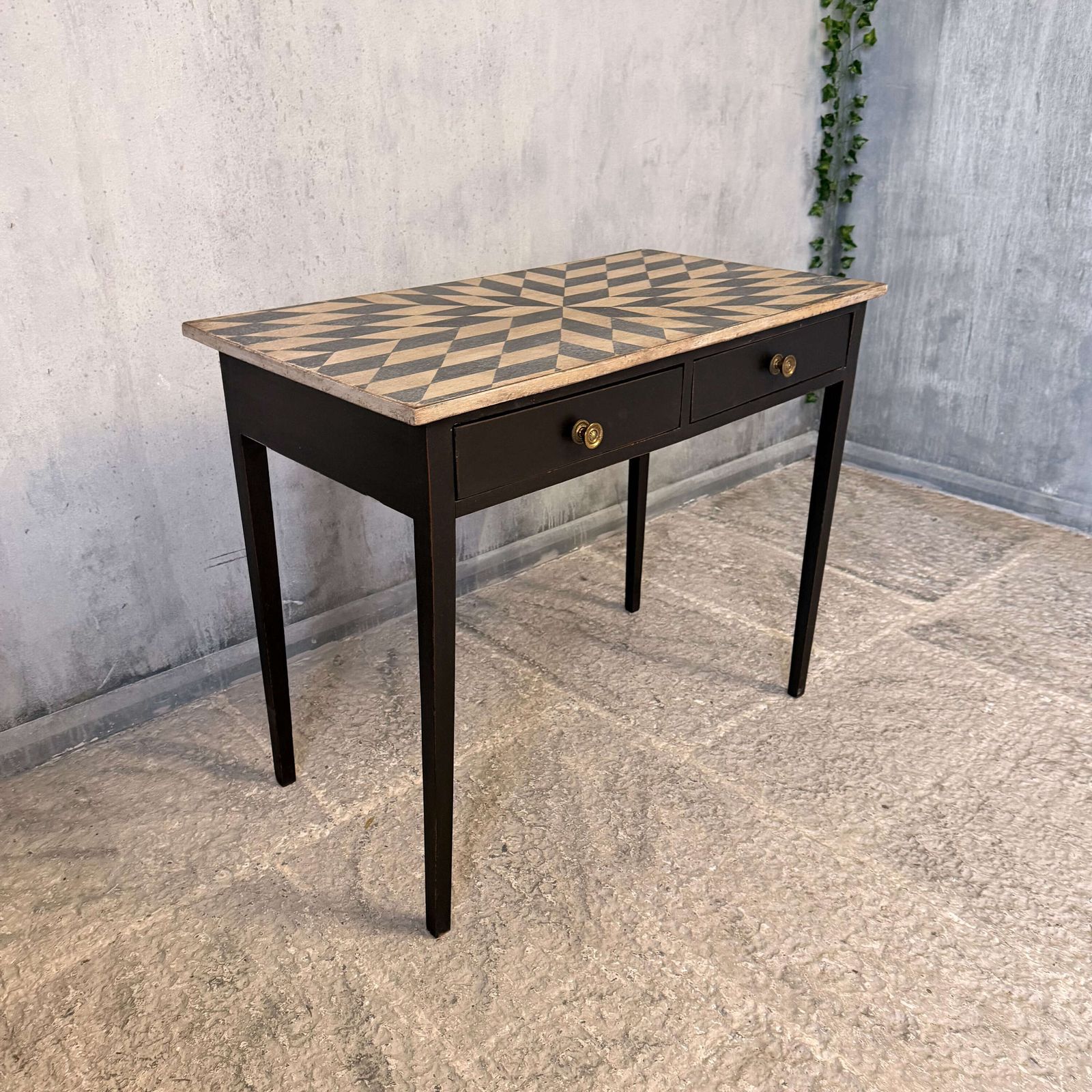 995.0 Late Georgian Side Table With Two Drawers And Hand Painted Geometric Top C.1820 photo