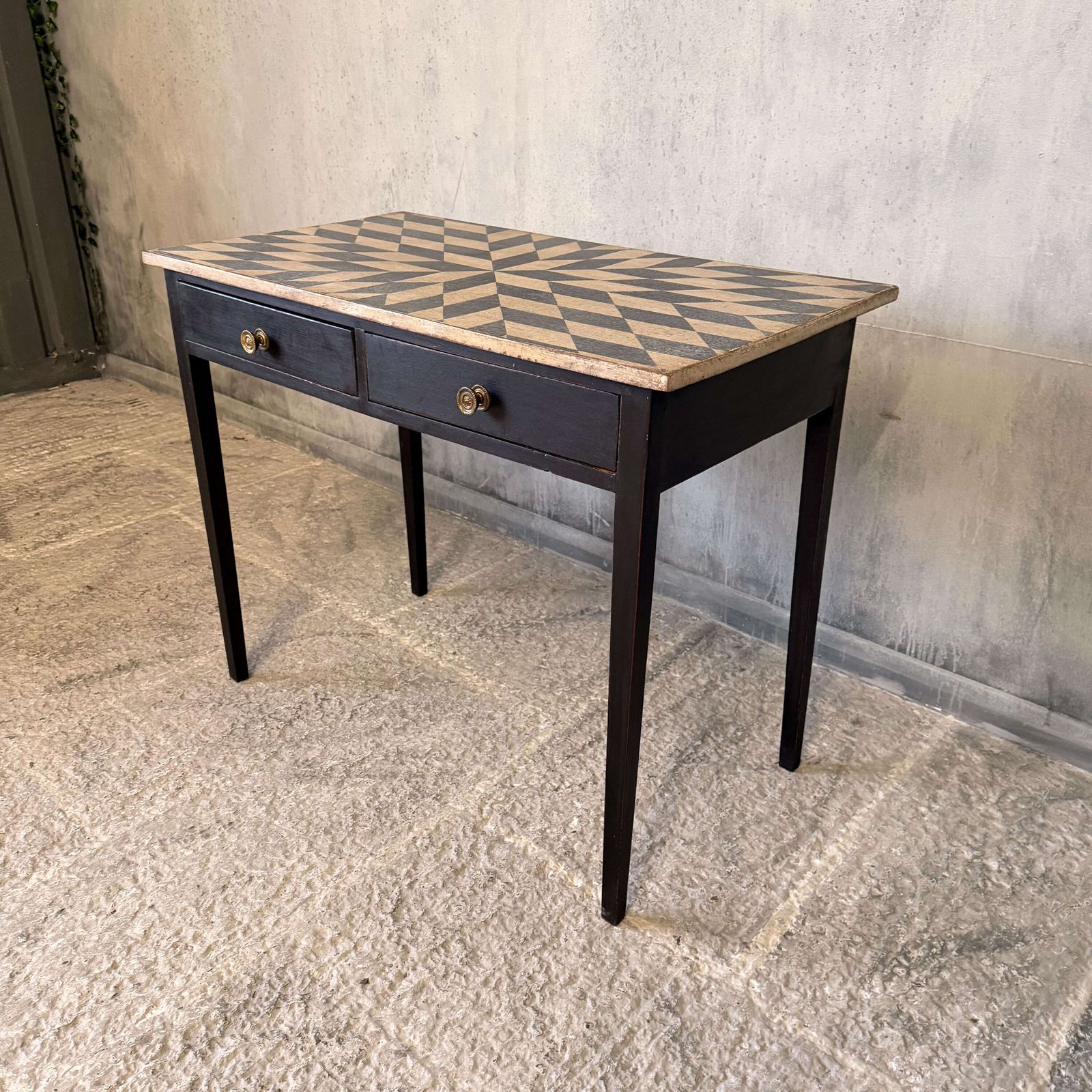 photo vinterior Late Georgian Side Table With Two Drawers And Hand Painted Geometric Top C.1820