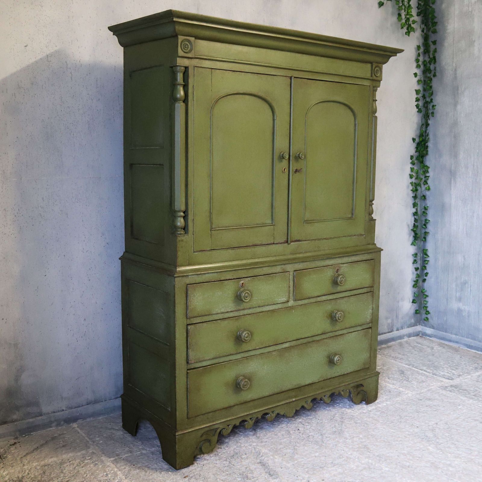 Georgian Housekeeper’s Cupboard, English Antique, Later Painted Green, C.1800 photo Furniture