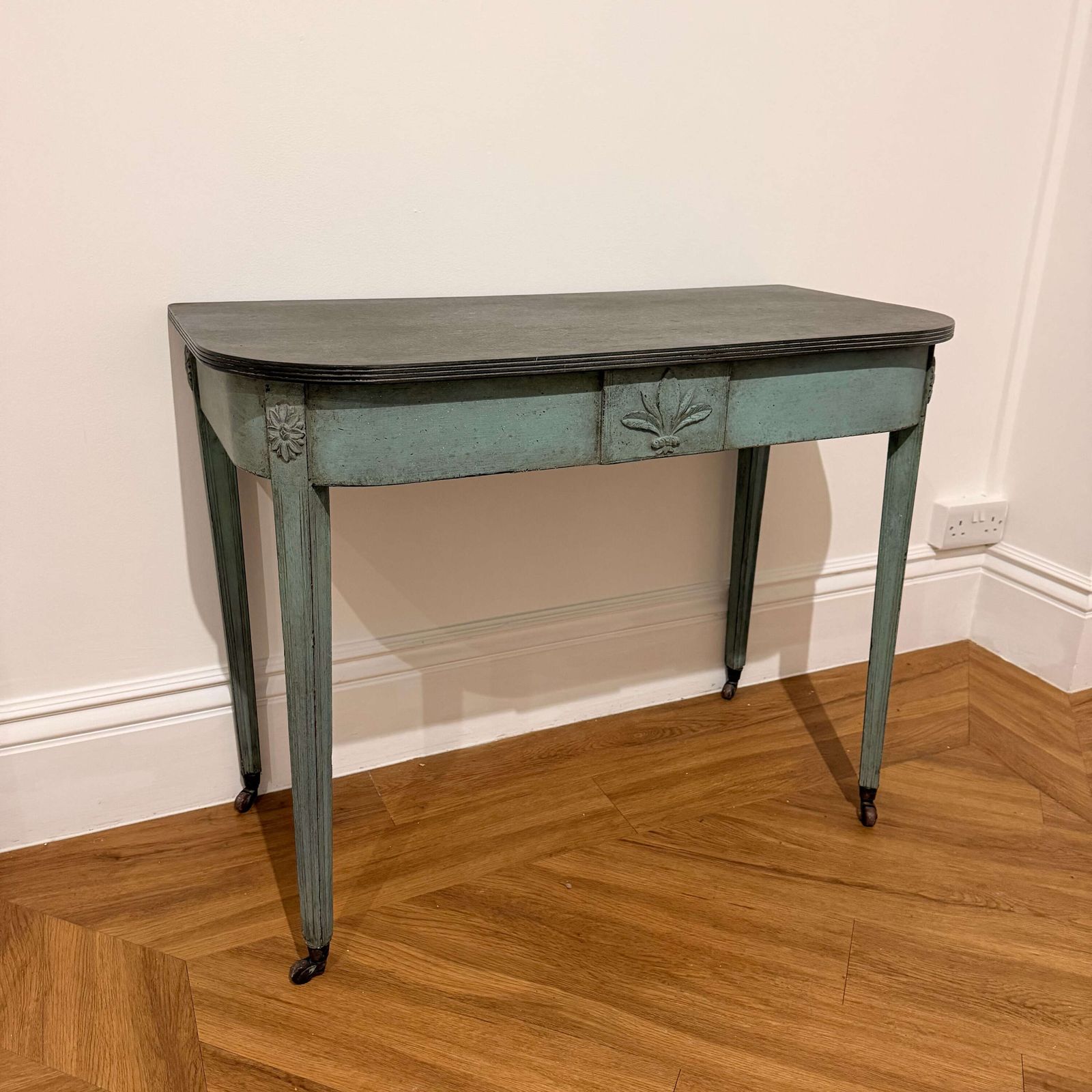 Later Painted Neoclassical Console Table With Carved Crest And Tapered Legs photo for sale
