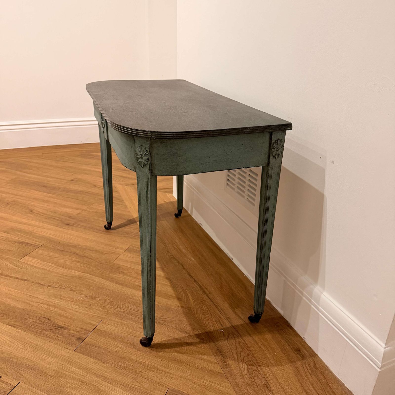Later Painted Neoclassical Console Table With Carved Crest And Tapered Legs photo buy