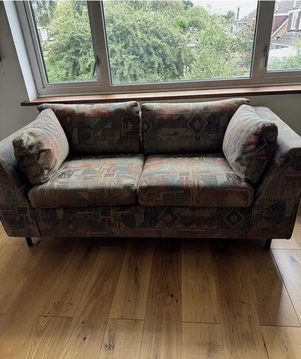 A Vintage Mid Century 3 Seater Sofa With An Aztec Geometric Design Jute Fabric.