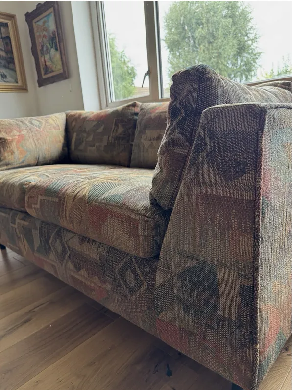 A Vintage Mid Century 3 Seater Sofa With An Aztec Geometric Design Jute Fabric. photo vinterior