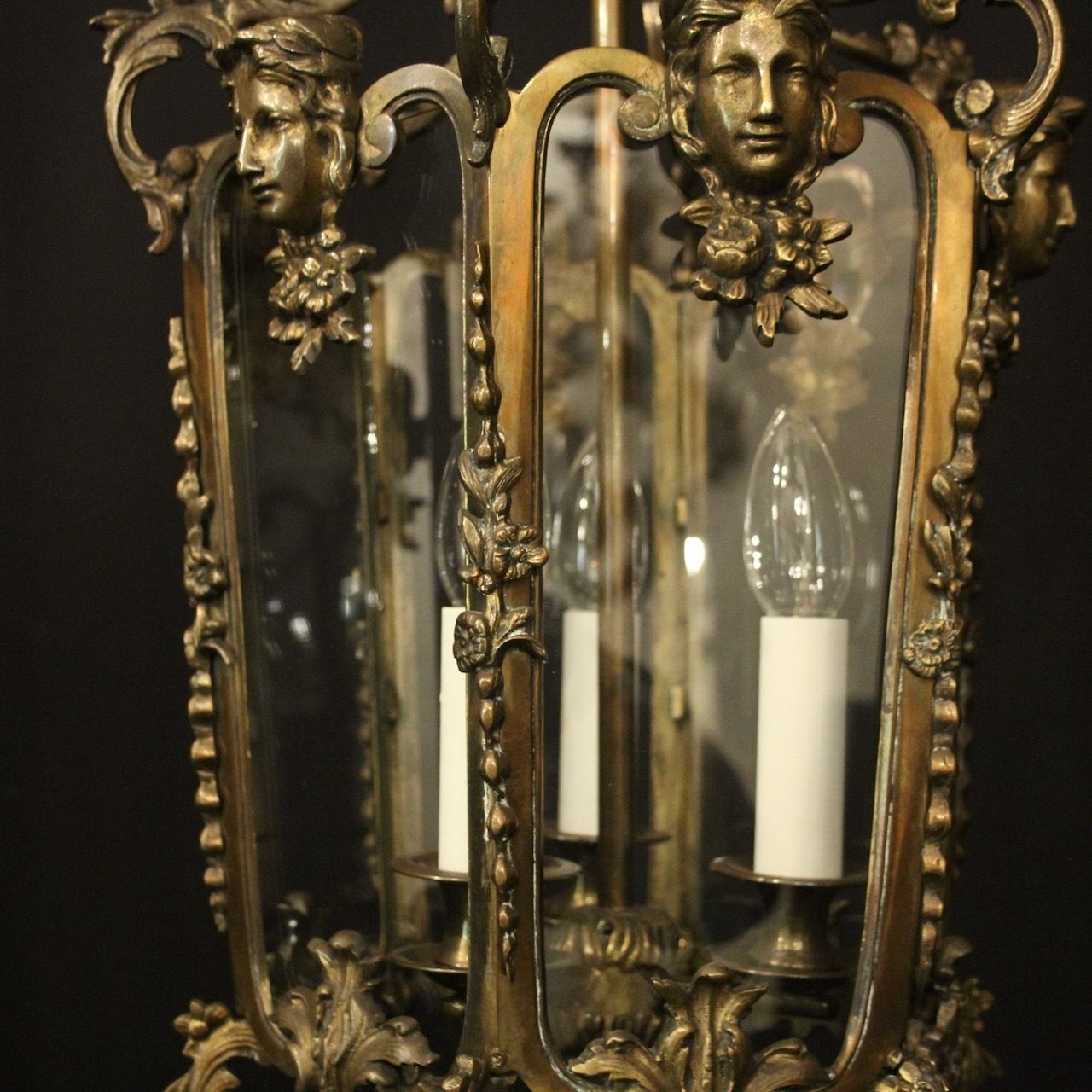 French Bronze Triple Light Hall Antique Lantern photo 1975.0