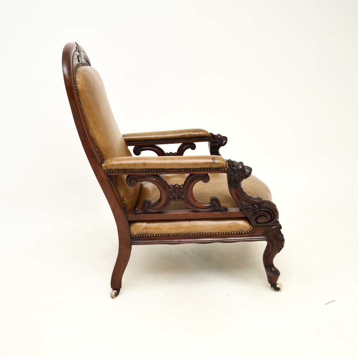 Antique Victorian Carved Mahogany And Leather Armchair photo Furniture