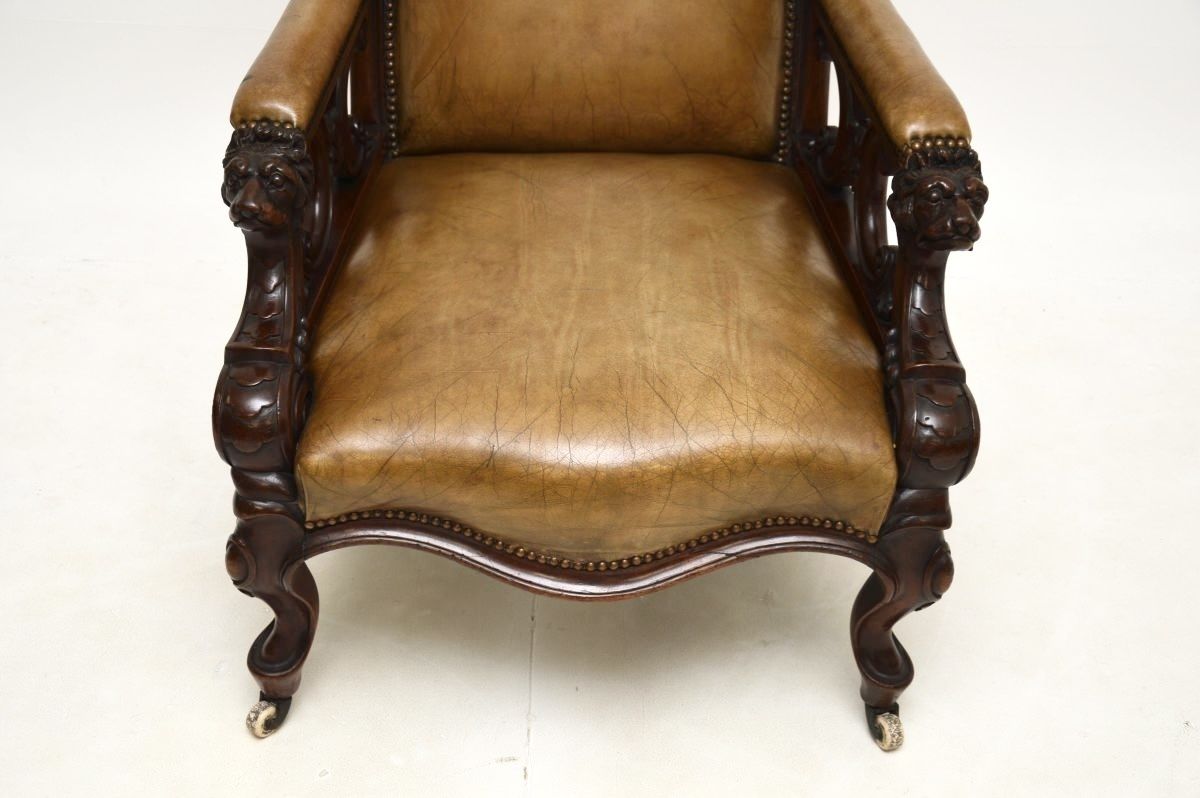 Antique Victorian Carved Mahogany And Leather Armchair photo vinterior