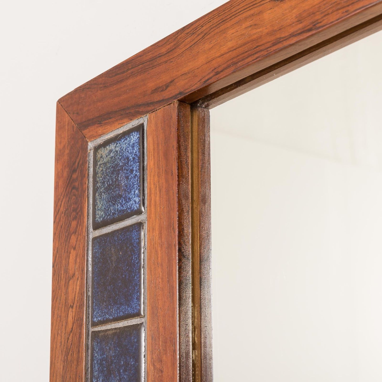 Scandinavian Mid Century Xl Rosewood Wall Mirror With Blue Tiles, 1970s photo for sale