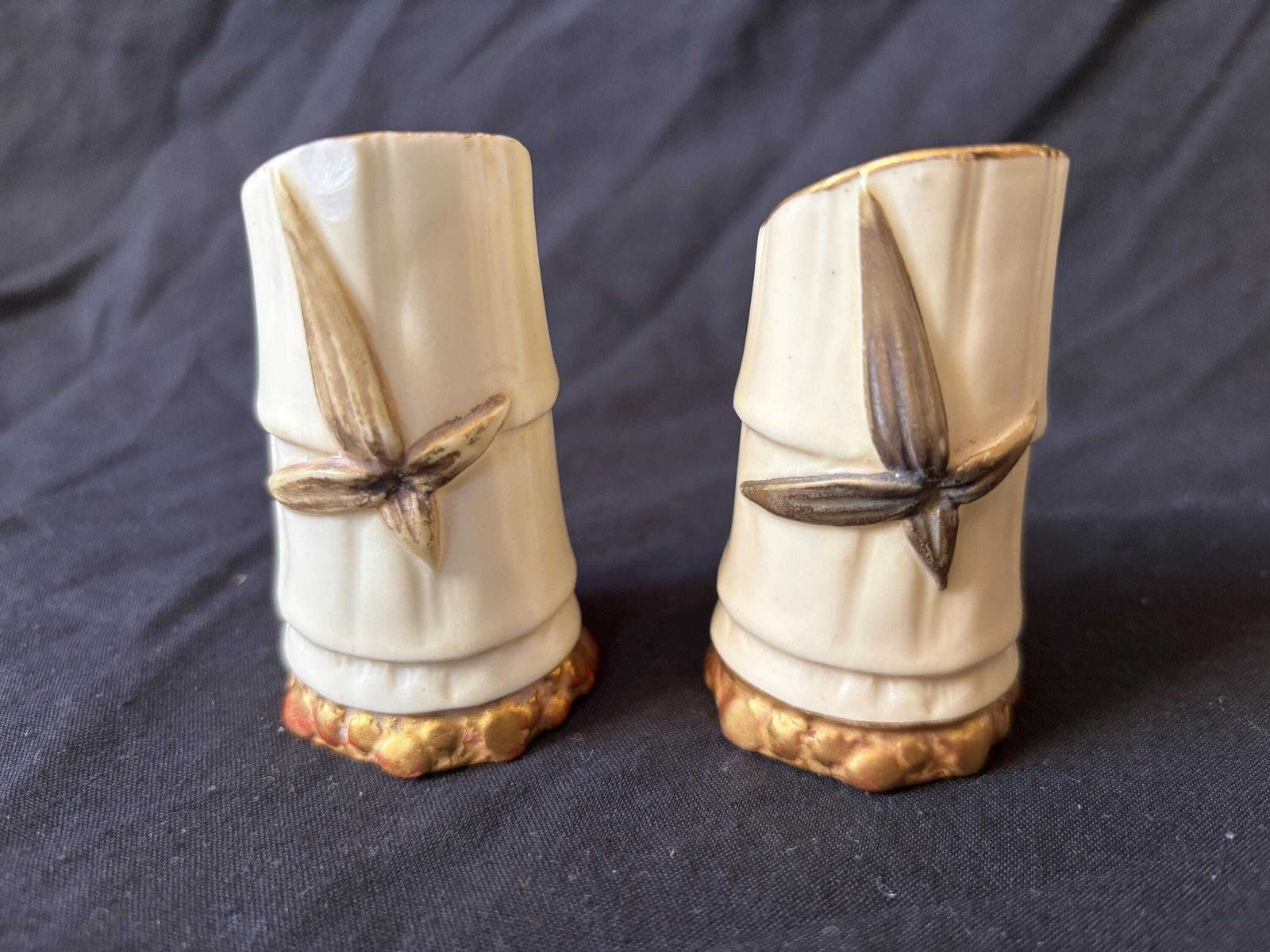 Pair Circa 1894 Royal Worcester England 7cm Antique Bamboo Spill Bud Vases