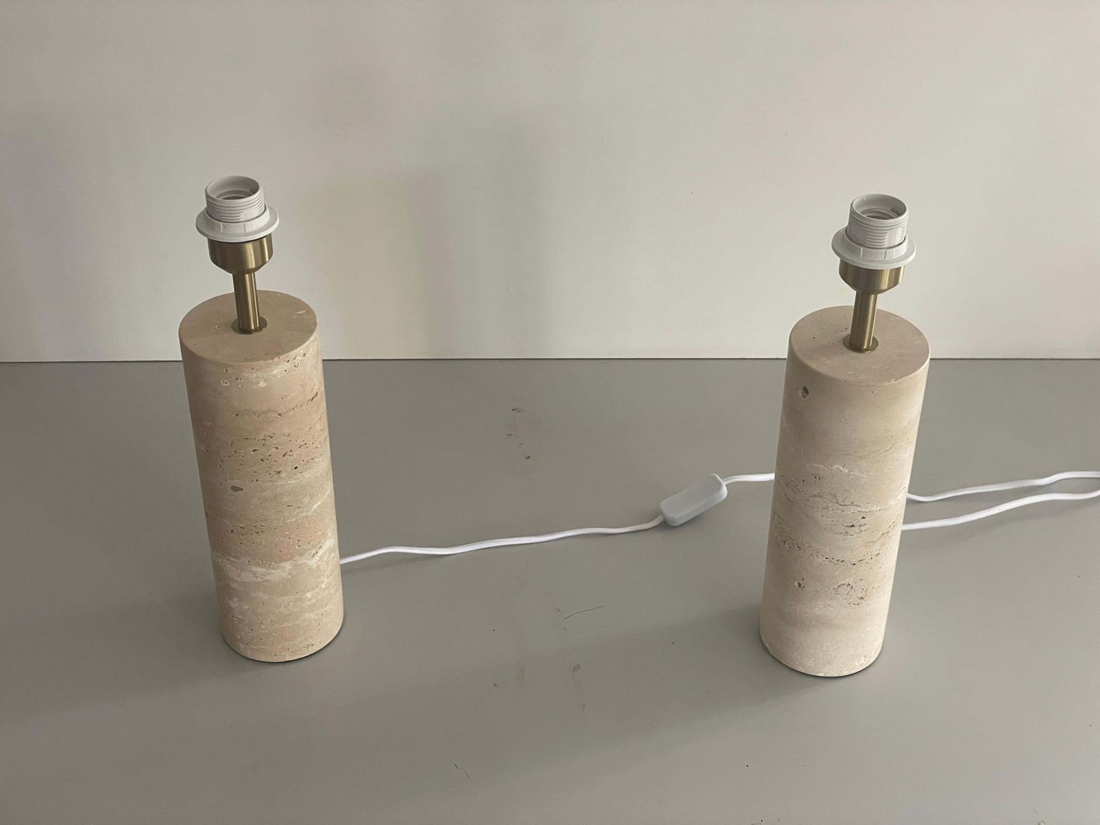 Cylindrical Design Travertine Pair Of Table Lamps, 1980s, Italy photo for sale