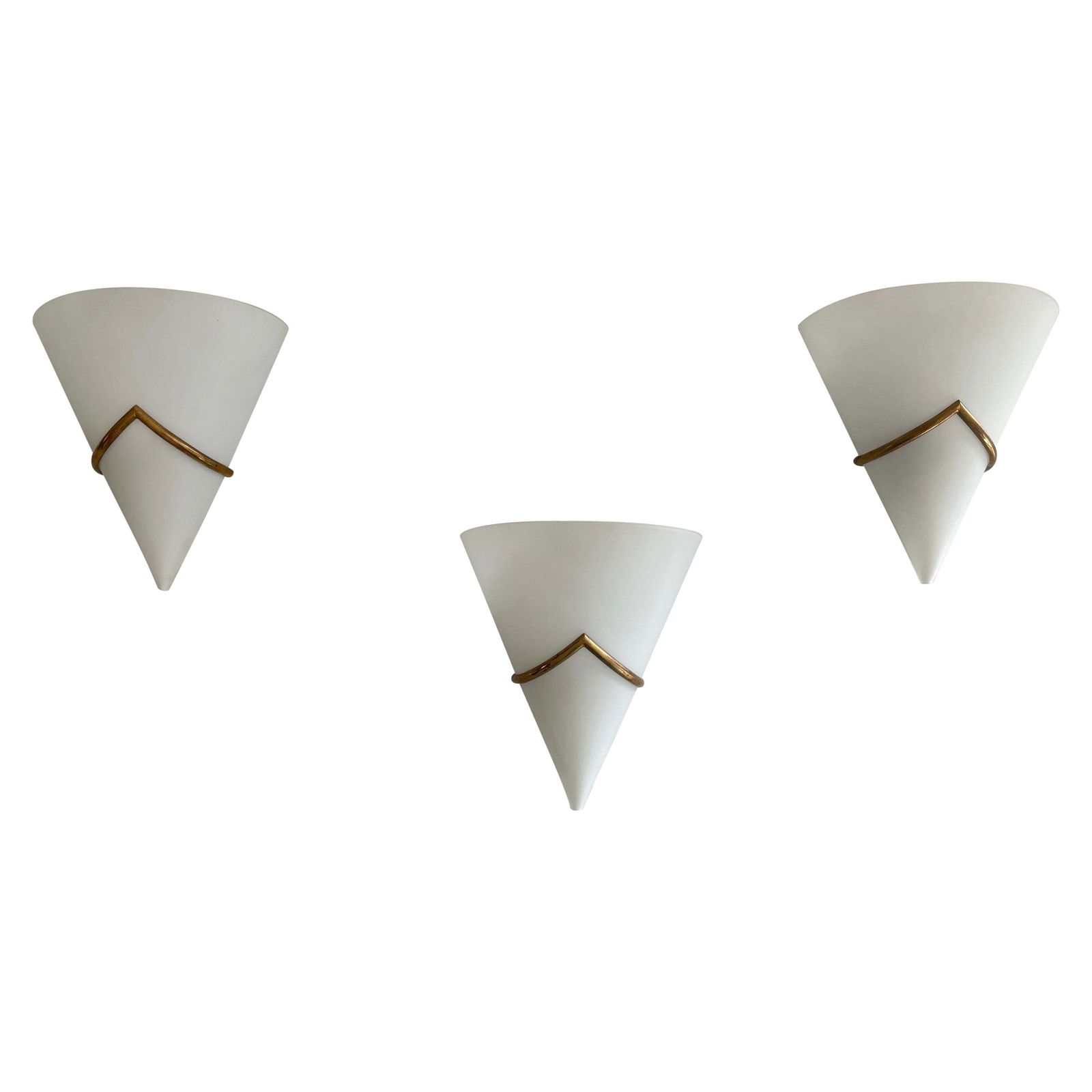 Mid Century Opal Glass And Brass Set Of Three Sconces, 1960s, Italy