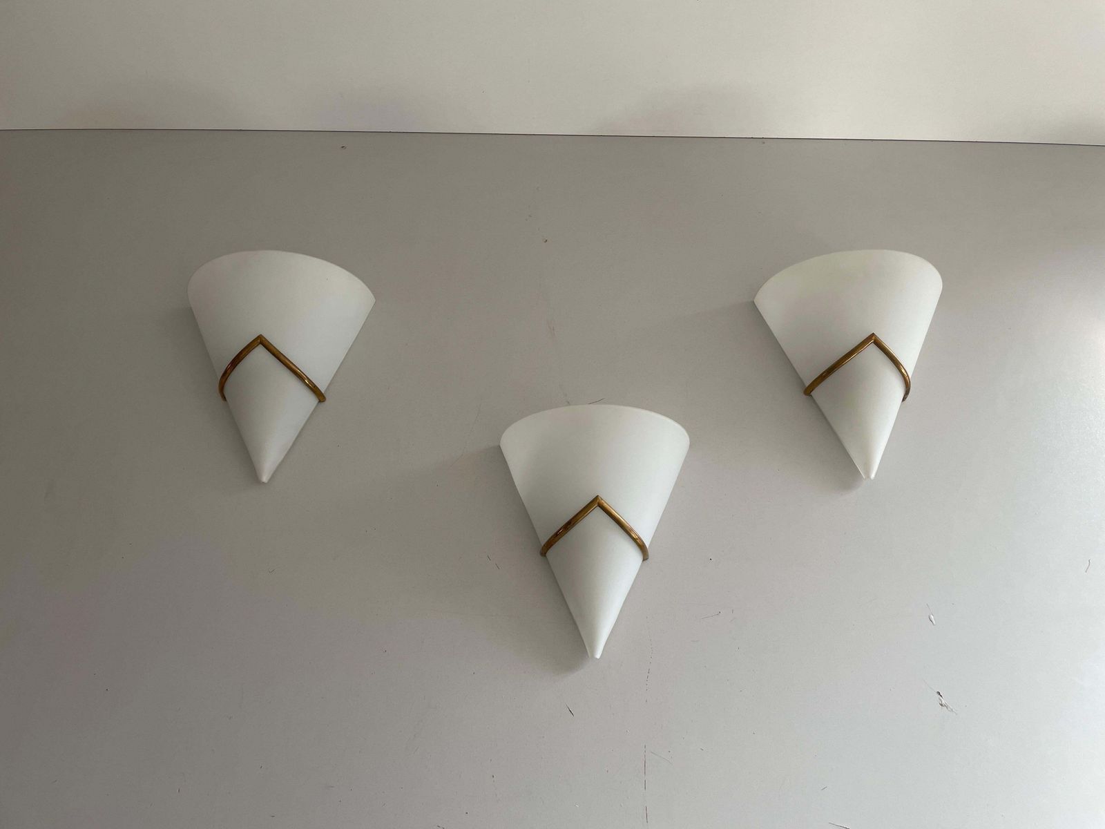 Mid Century Opal Glass And Brass Set Of Three Sconces, 1960s, Italy photo furniture