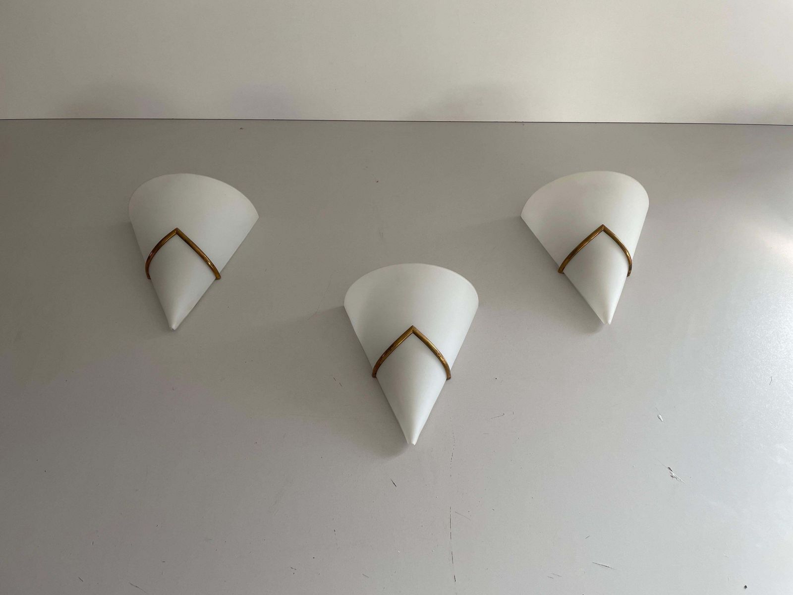 Mid Century Opal Glass And Brass Set Of Three Sconces, 1960s, Italy photo for sale