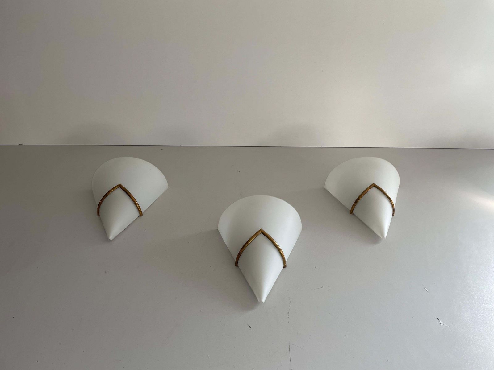 Mid Century Opal Glass And Brass Set Of Three Sconces, 1960s, Italy photo Lighting