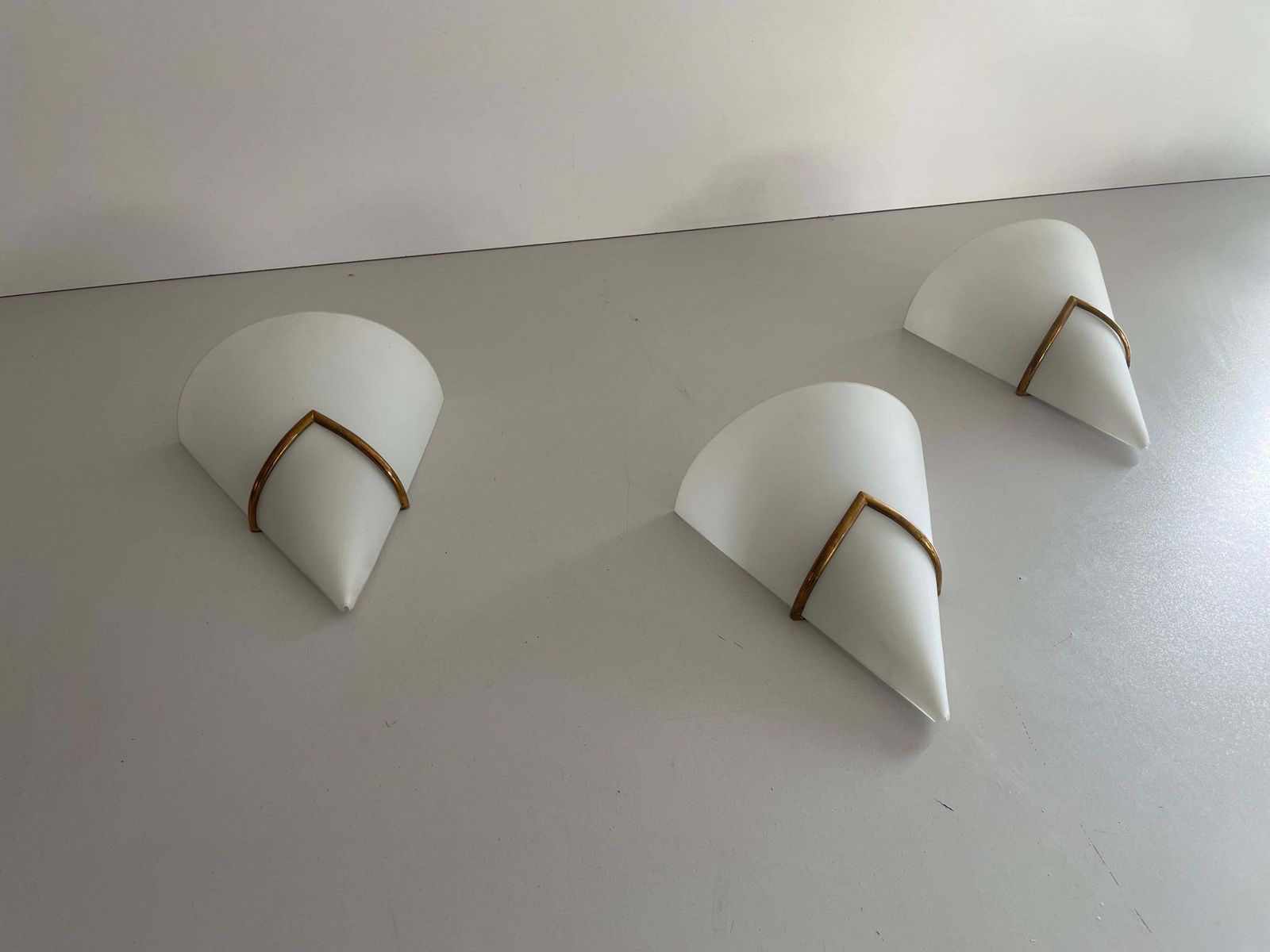 photo for sale Mid Century Opal Glass And Brass Set Of Three Sconces, 1960s, Italy