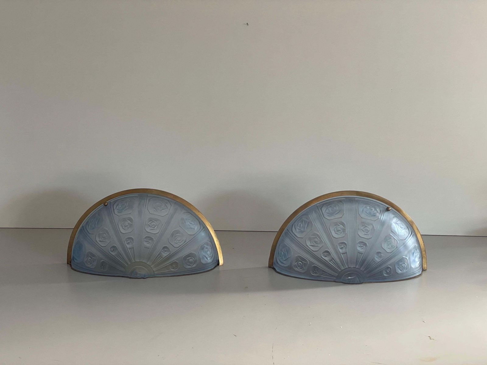 Blue French Glass And Brass Frame Pair Of Sconces, 1950s, France photo 1547.0