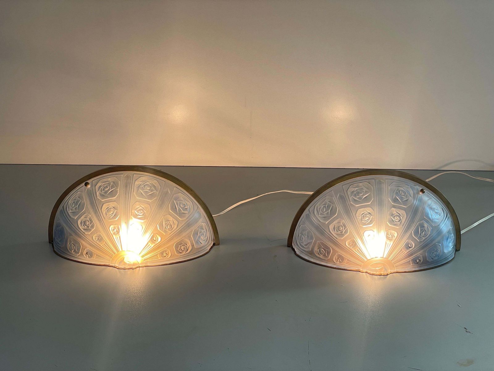 Lighting Blue French Glass And Brass Frame Pair Of Sconces, 1950s, France photo