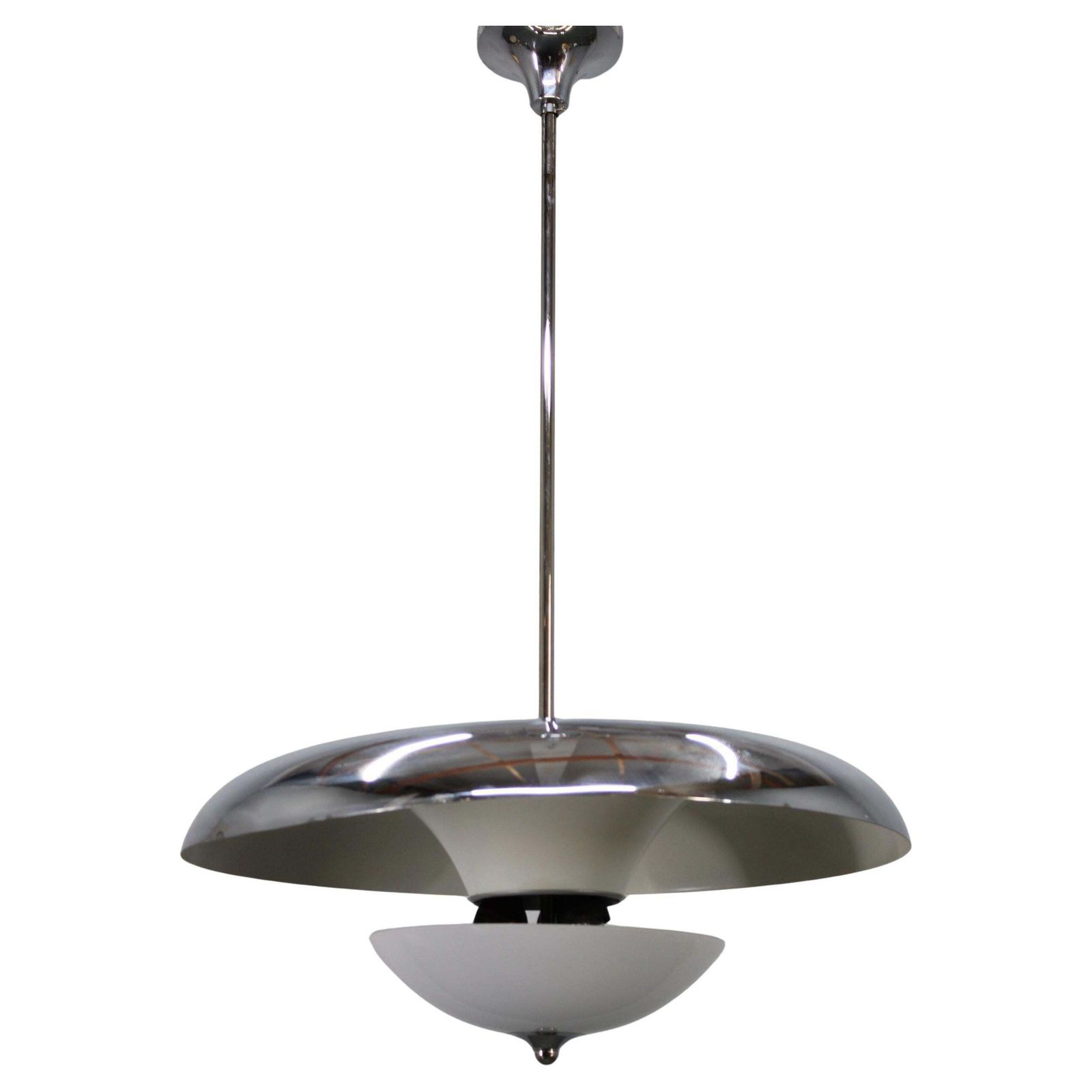 Art Deco Chrome And Opaline Glass Chandelier By Napako, 1930s