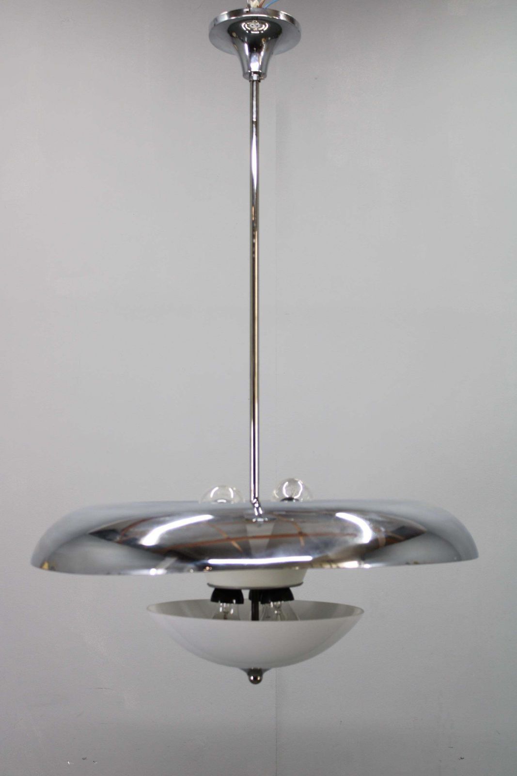 Art Deco Chrome And Opaline Glass Chandelier By Napako, 1930s photo for sale