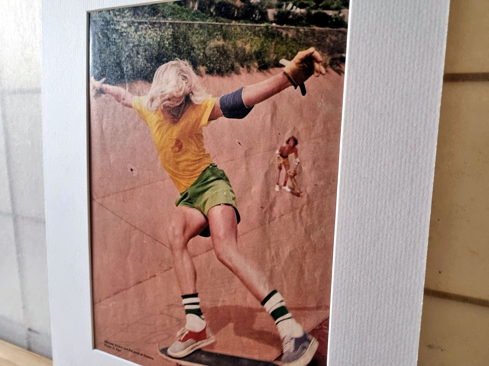 Skateboard Magazine Page Mounted, Wentzle Ruml Zephyr Team Action, Santa Monica California Skate Culture, 1970s Color Image photo for sale