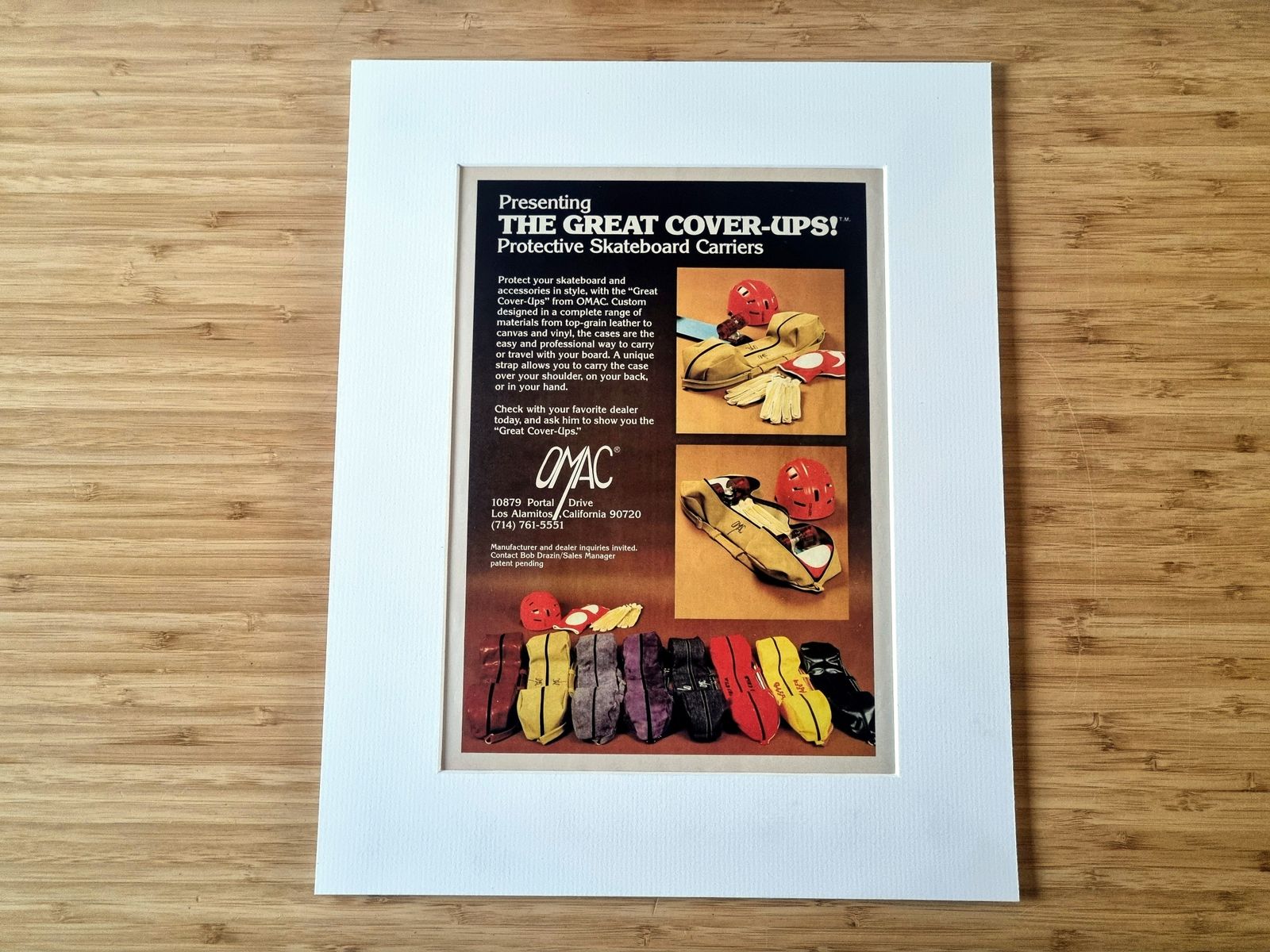 Skateboard Magazine Advertisement Mounted, Omac Protective Skateboard Carriers, Southern California Skate Gear, 1970s Skate Culture photo Art