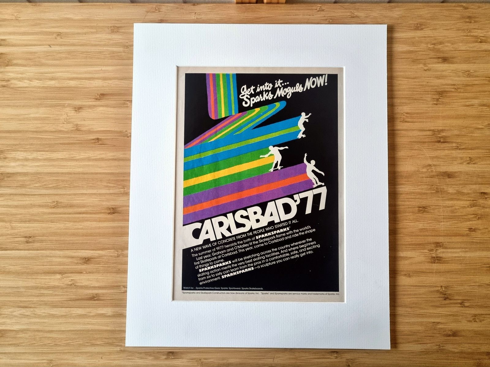 Skateboard Magazine Advertisement Mounted, Carlsbad 77 Sparks Skateboards, California Skate Culture Art, Retro 1970s Graphic Design photo 145.0