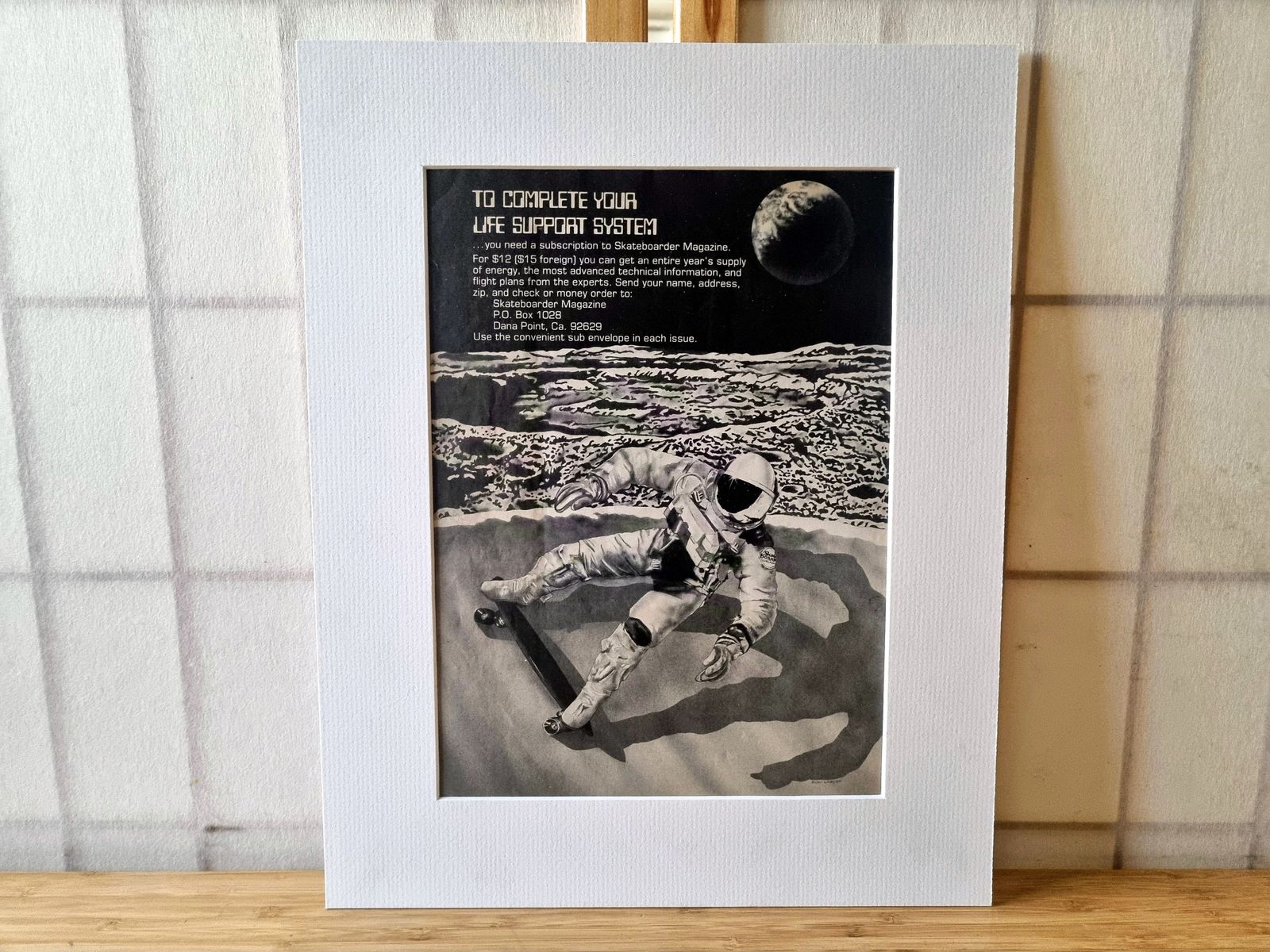 Retro Space Art, Skateboard Magazine Advertisement Mounted, Ron Larson Artist Illustration, 1970s Sci Fi Skate Culture, Sci Fi