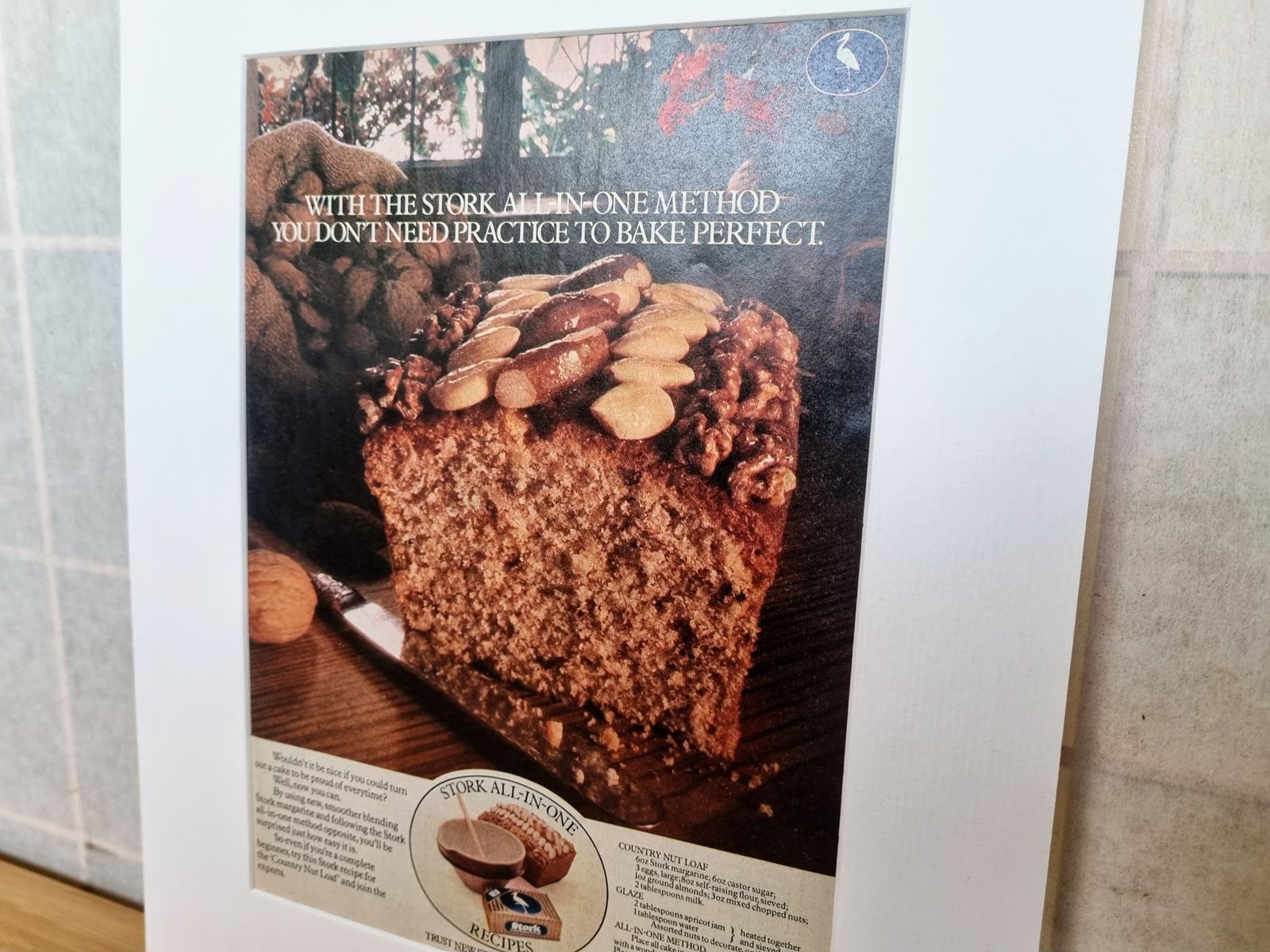 Food Magazine Advertisement Mounted, Stork Baking Loaf Cake Image, British Retro Kitchen Wall Art, 1970s Grocery Advertising photo furniture