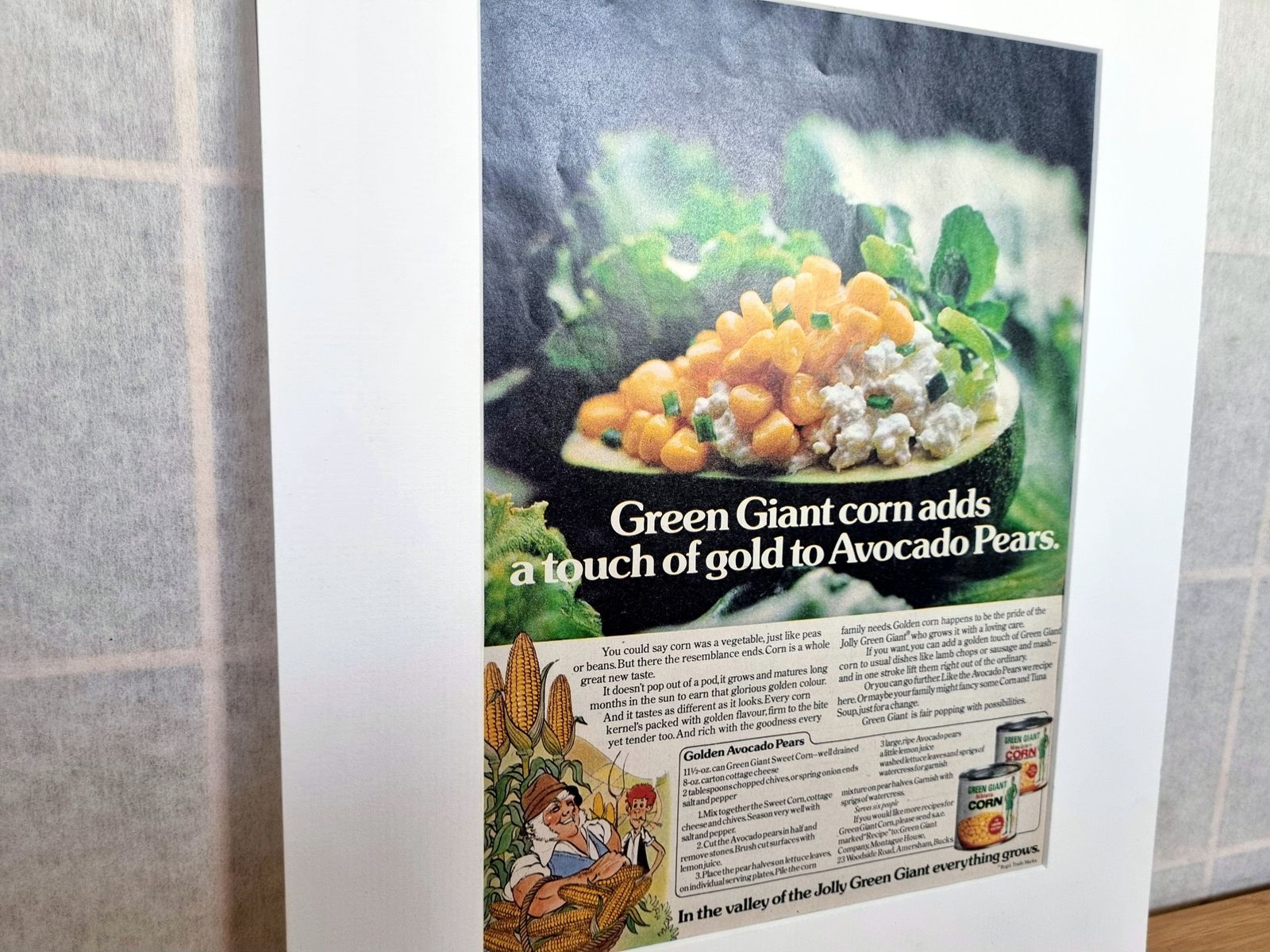 Food Magazine Advertisement Mounted, Green Giant Corn Avocado Pears, 1970s Retro Kitchen Wall Art, Mid Century Grocery Style photo for sale