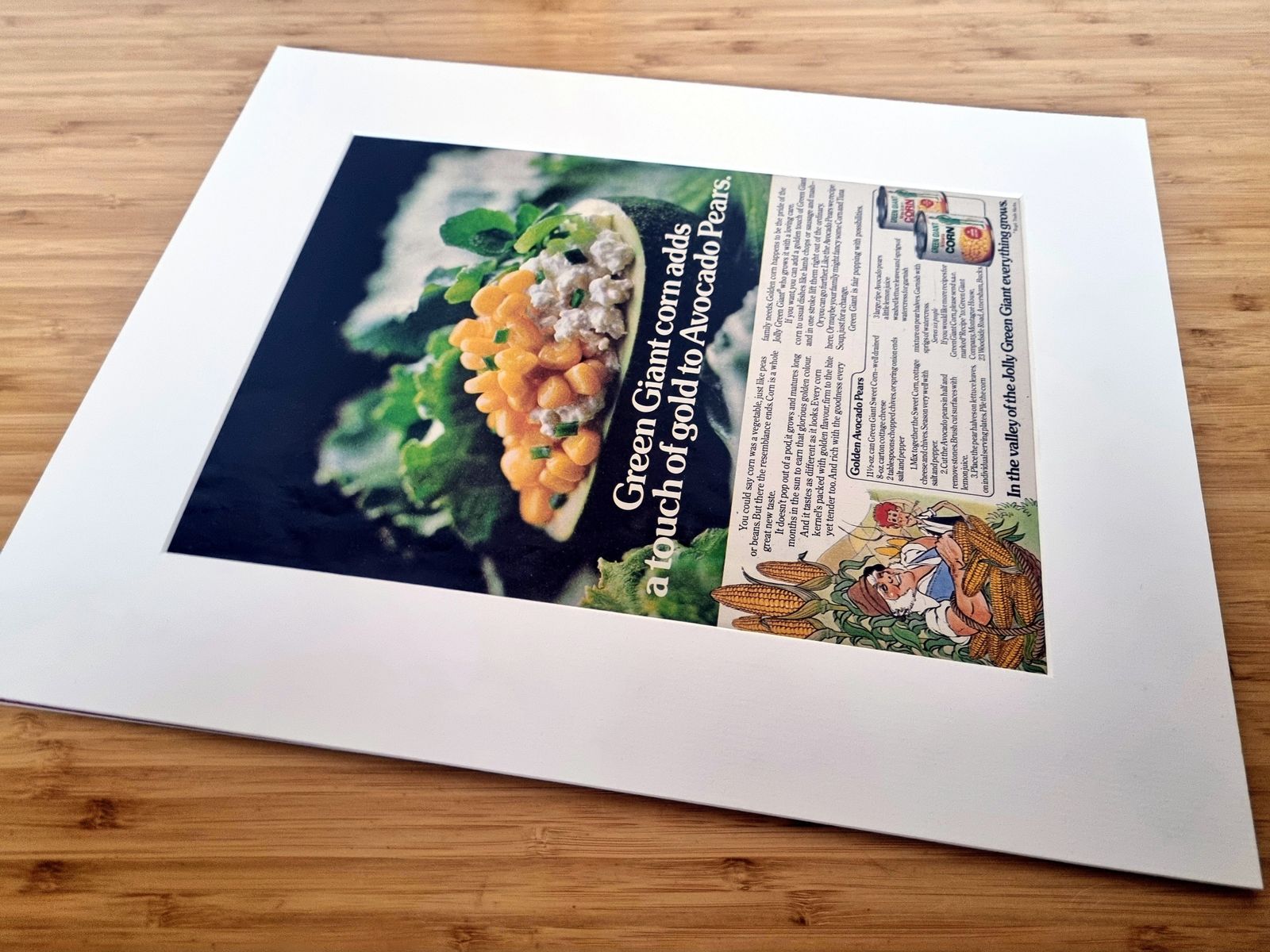 Food Magazine Advertisement Mounted, Green Giant Corn Avocado Pears, 1970s Retro Kitchen Wall Art, Mid Century Grocery Style photo Art