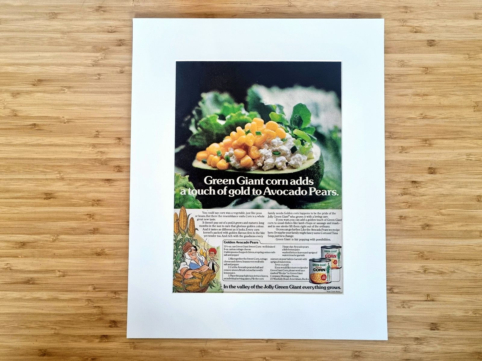 Food Magazine Advertisement Mounted, Green Giant Corn Avocado Pears, 1970s Retro Kitchen Wall Art, Mid Century Grocery Style photo vinterior