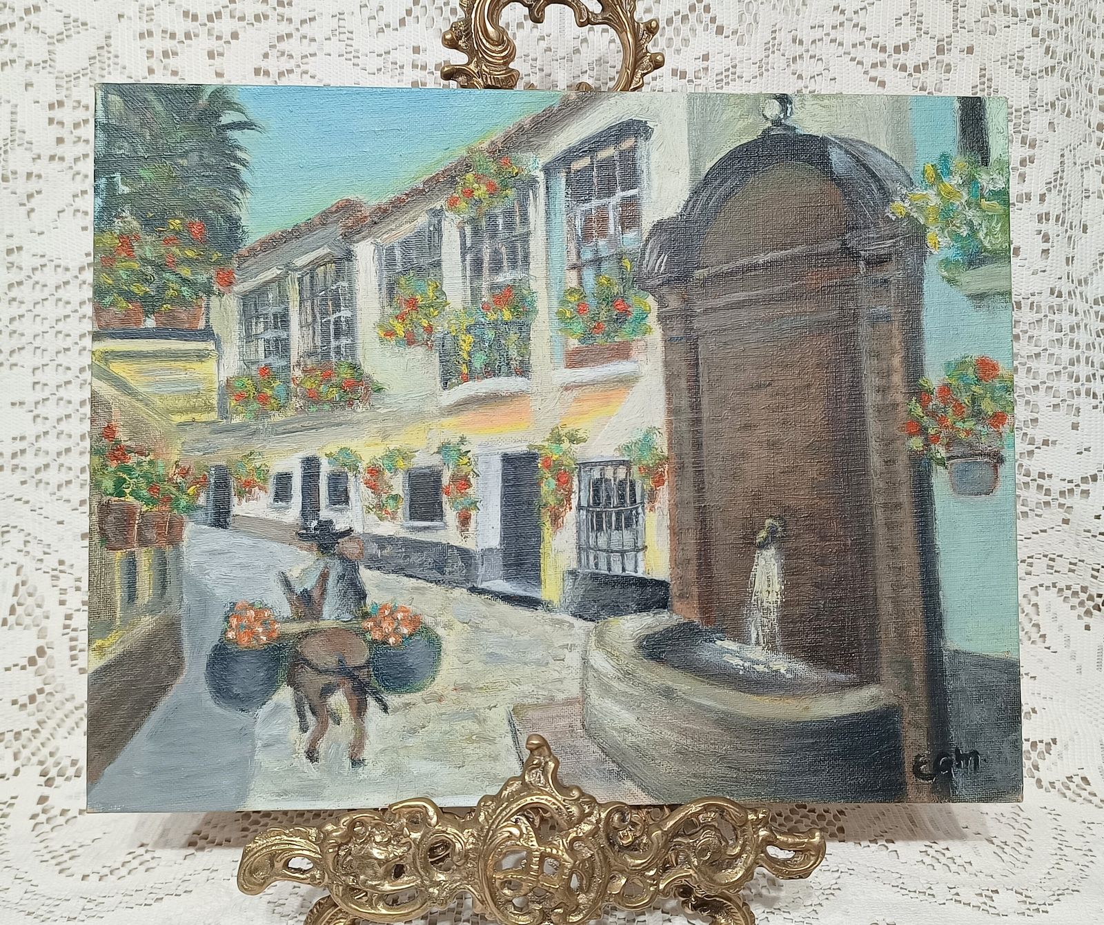 Original Unframed Oil Painting, Traditional Spanish Street Scene Signed . photo Art
