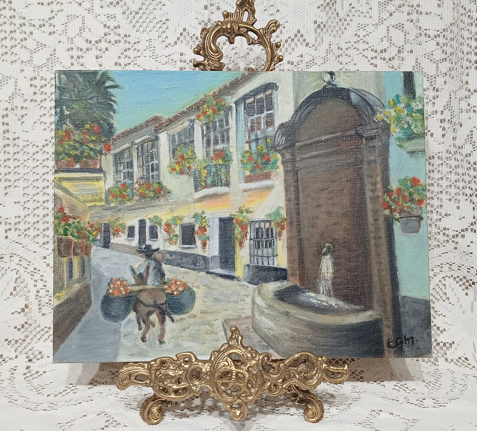 Original Unframed Oil Painting, Traditional Spanish Street Scene Signed . photo 70.0