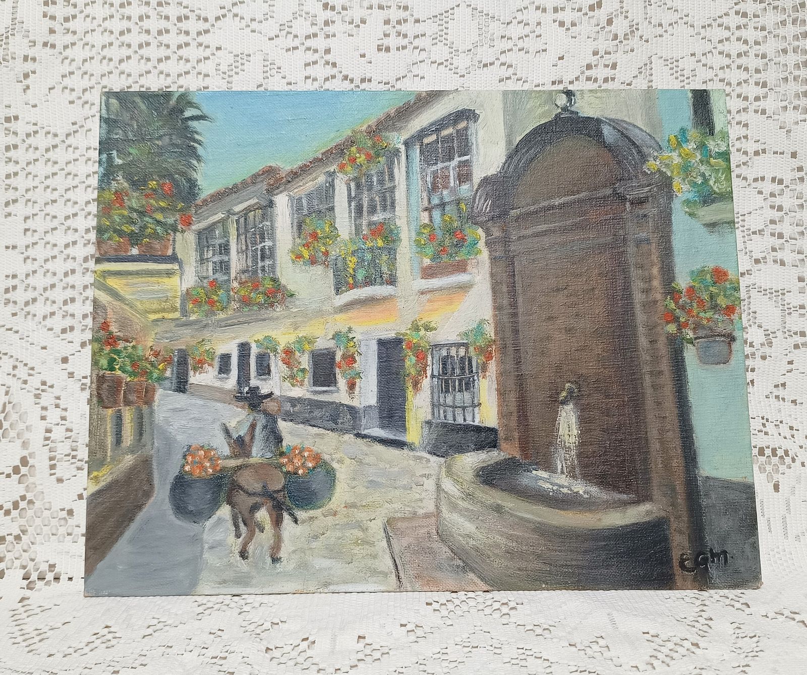 Original Unframed Oil Painting, Traditional Spanish Street Scene Signed . photo buy