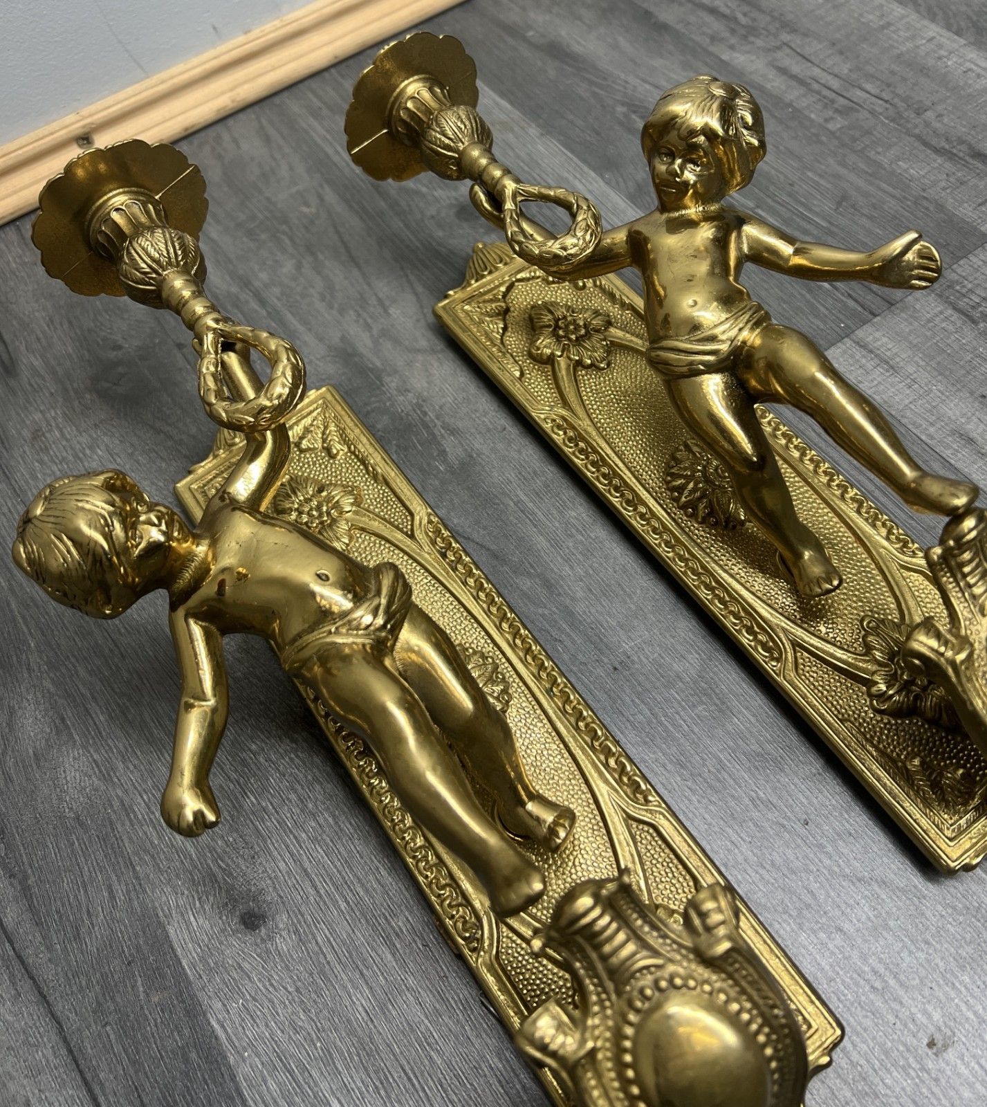 photo for sale Wall Candle Holder Vintage French Style Sconce Pair Brass Cherub Lot 4665