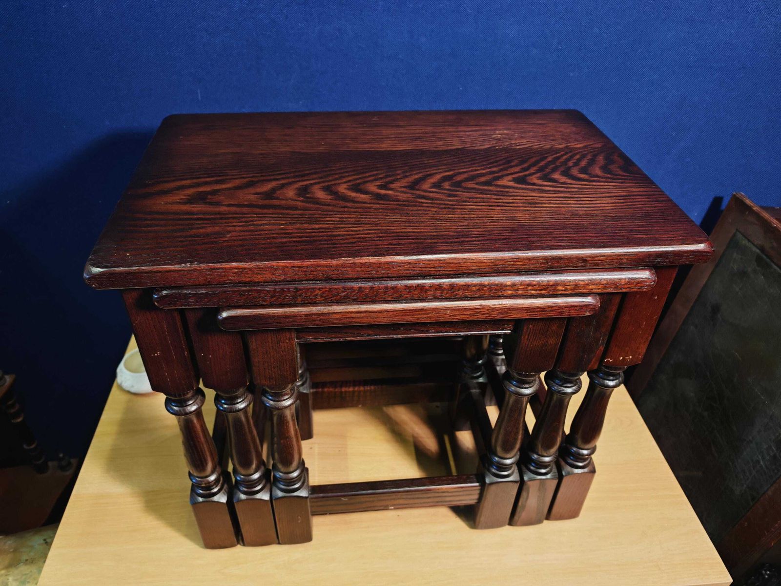 Vintage Mahogany Effect Interlocking Nest Of Three Tables With Felt Padding Likely 1970s Or 1980s photo for sale